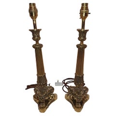 Stunning Pair of 19th Century Empire Brass Candlesticks Converted to Lamps