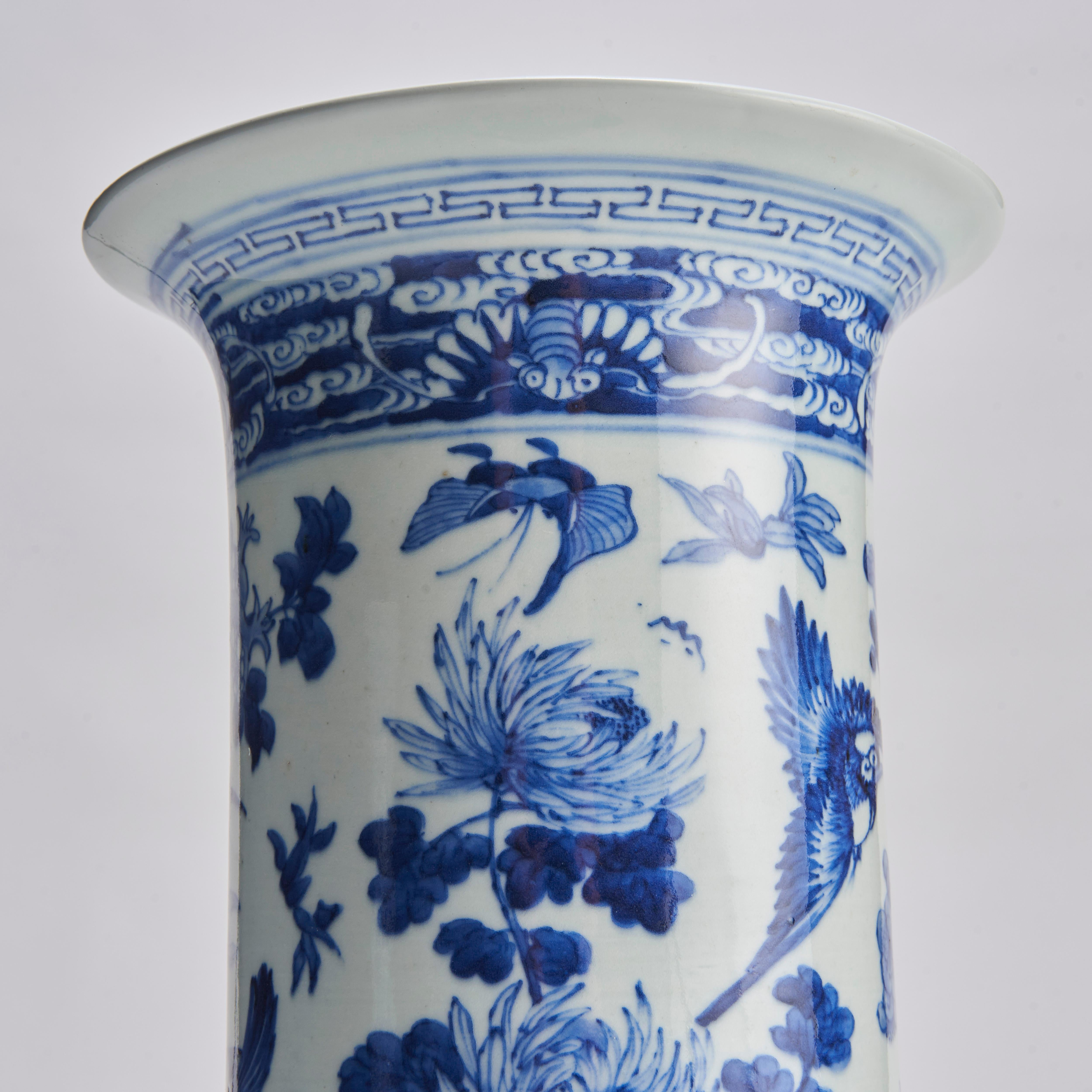 Porcelain A stunning pair of 19th Century flare-topped blue and white porcelain vases (Cir For Sale