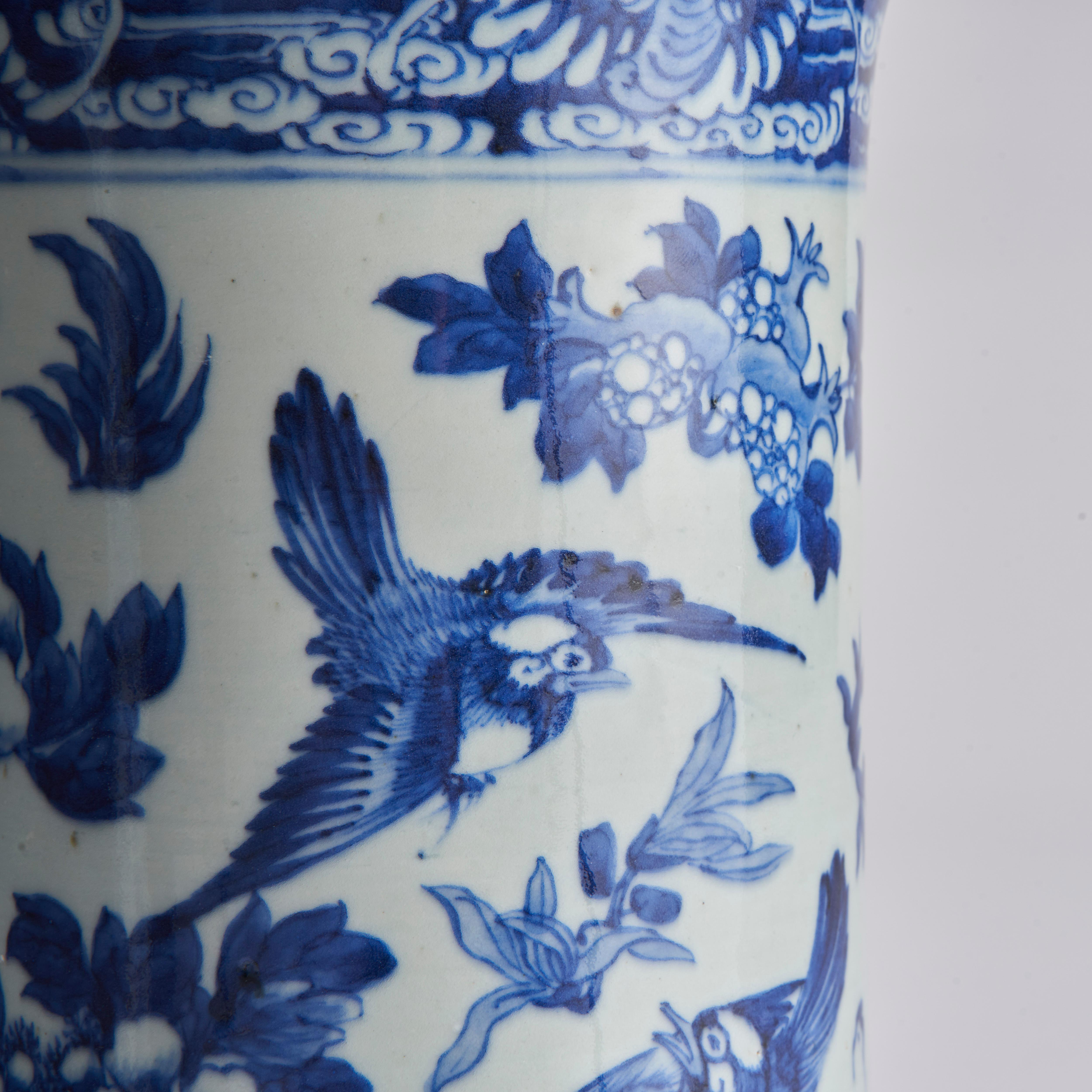 A stunning pair of 19th Century flare-topped blue and white porcelain vases (Cir For Sale 1