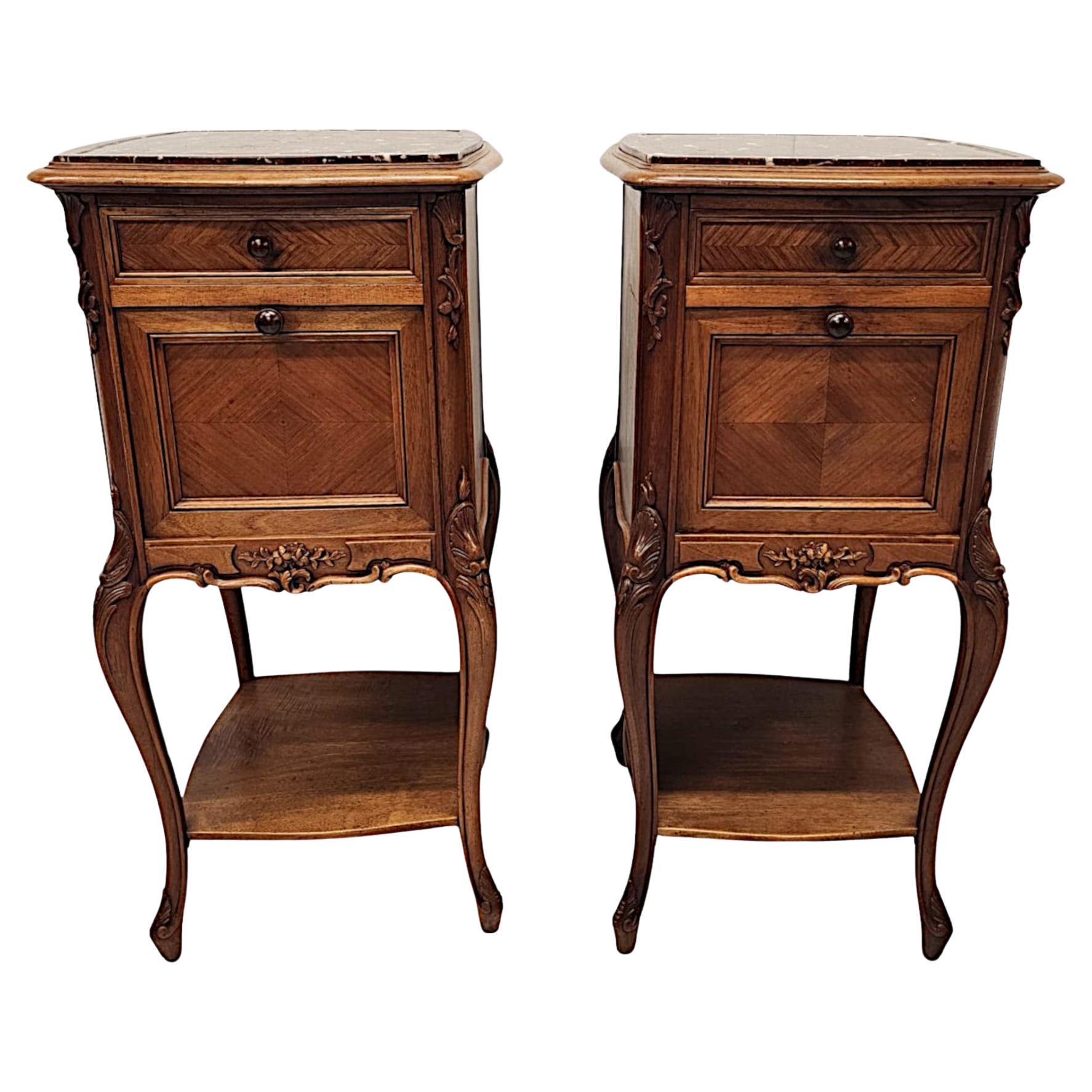 A Stunning Pair of 19th Century Walnut Marble Top Bedside Cabinets
