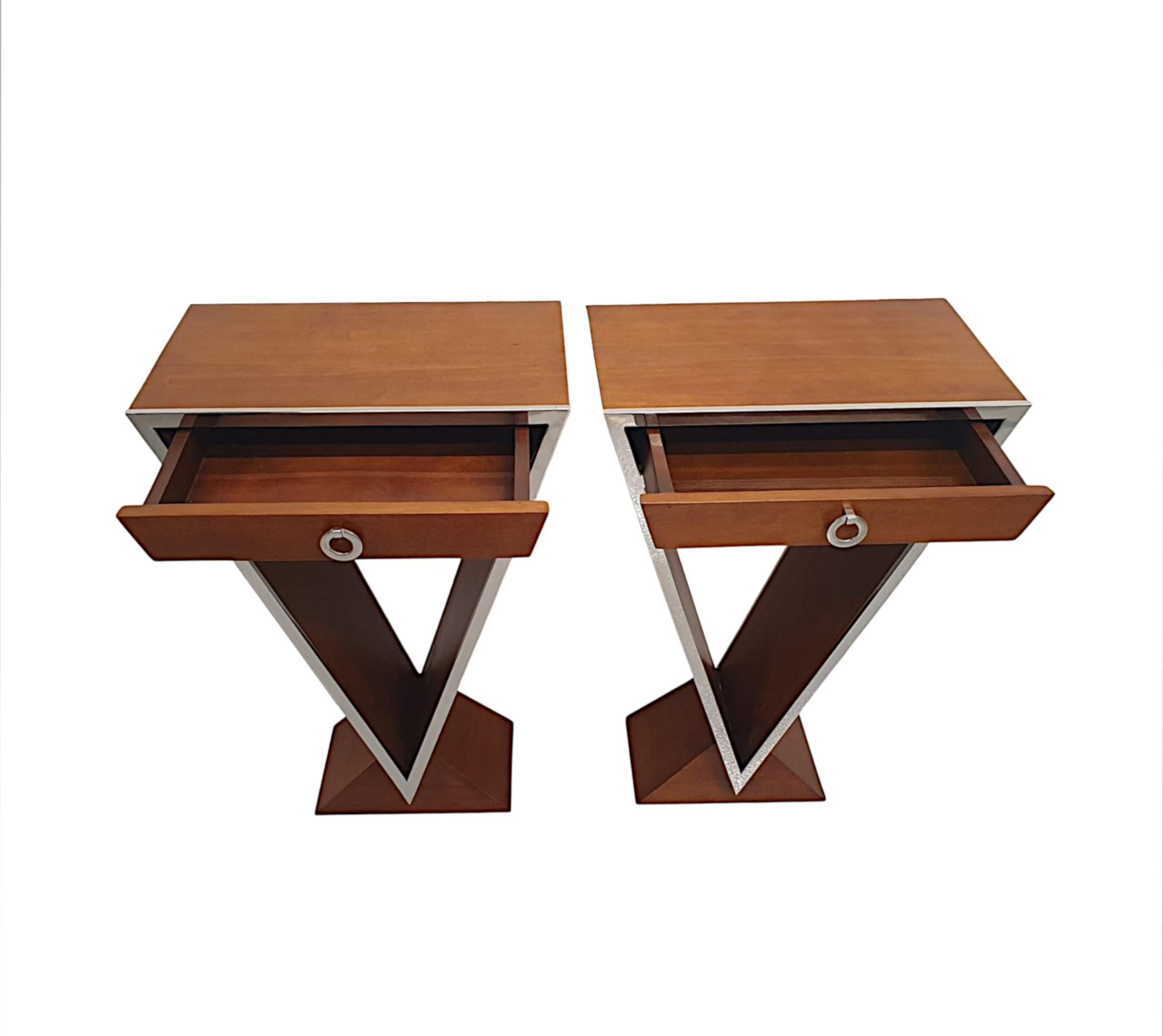 French  A Stunning Pair of Cherrywood and Chrome Side Tables in the Art Deco Style For Sale