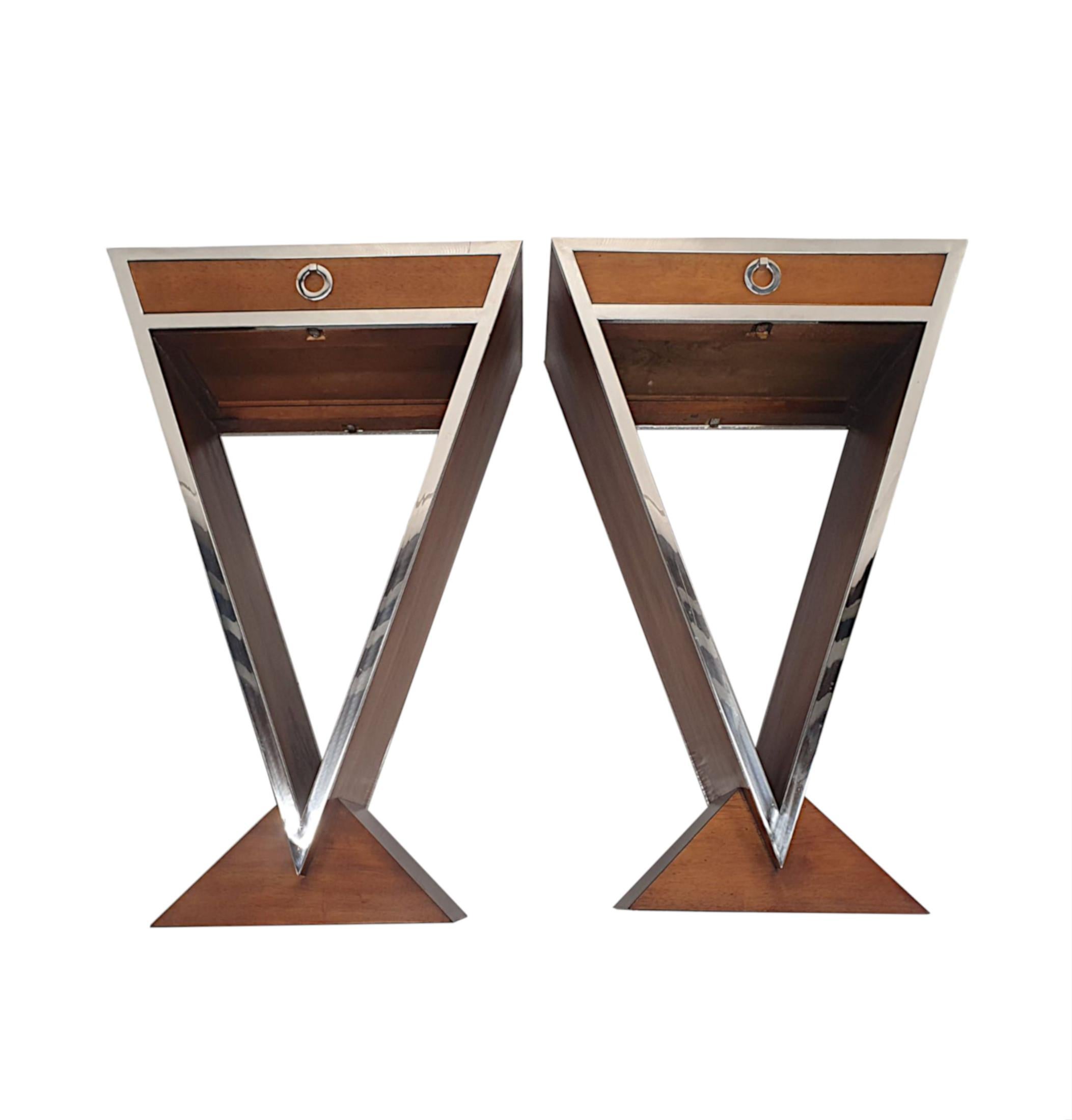  A Stunning Pair of Cherrywood and Chrome Side Tables in the Art Deco Style In New Condition For Sale In Dublin, IE