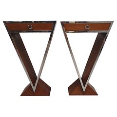  A Stunning Pair of Cherrywood and Chrome Side Tables in the Art Deco Style
