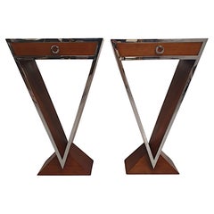 A Stunning Pair of Cherrywood and Chrome Side Tables in the Art Deco Style