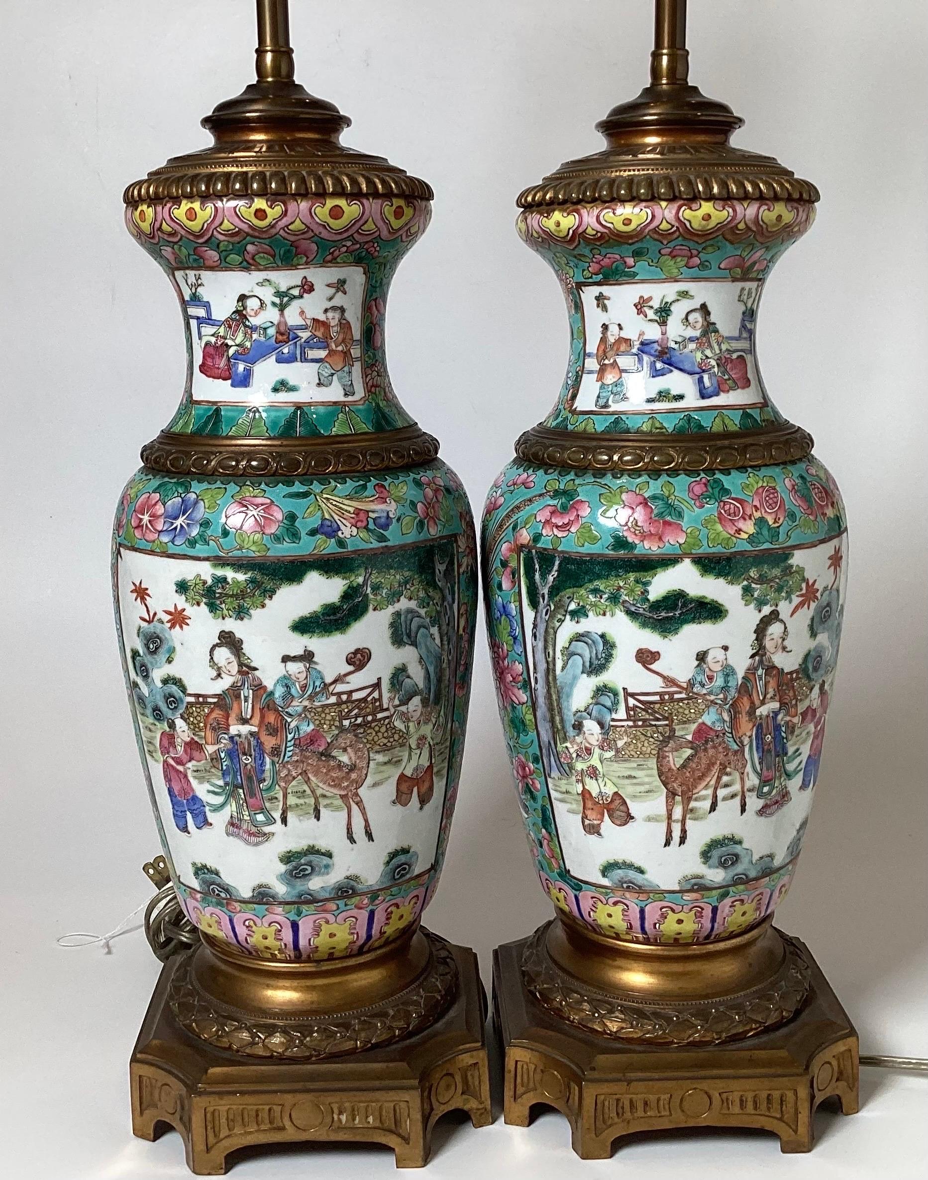 Stunning Pair of Early 19th Century Chinese Export Bronze Mounted Lamps In Good Condition For Sale In Lambertville, NJ