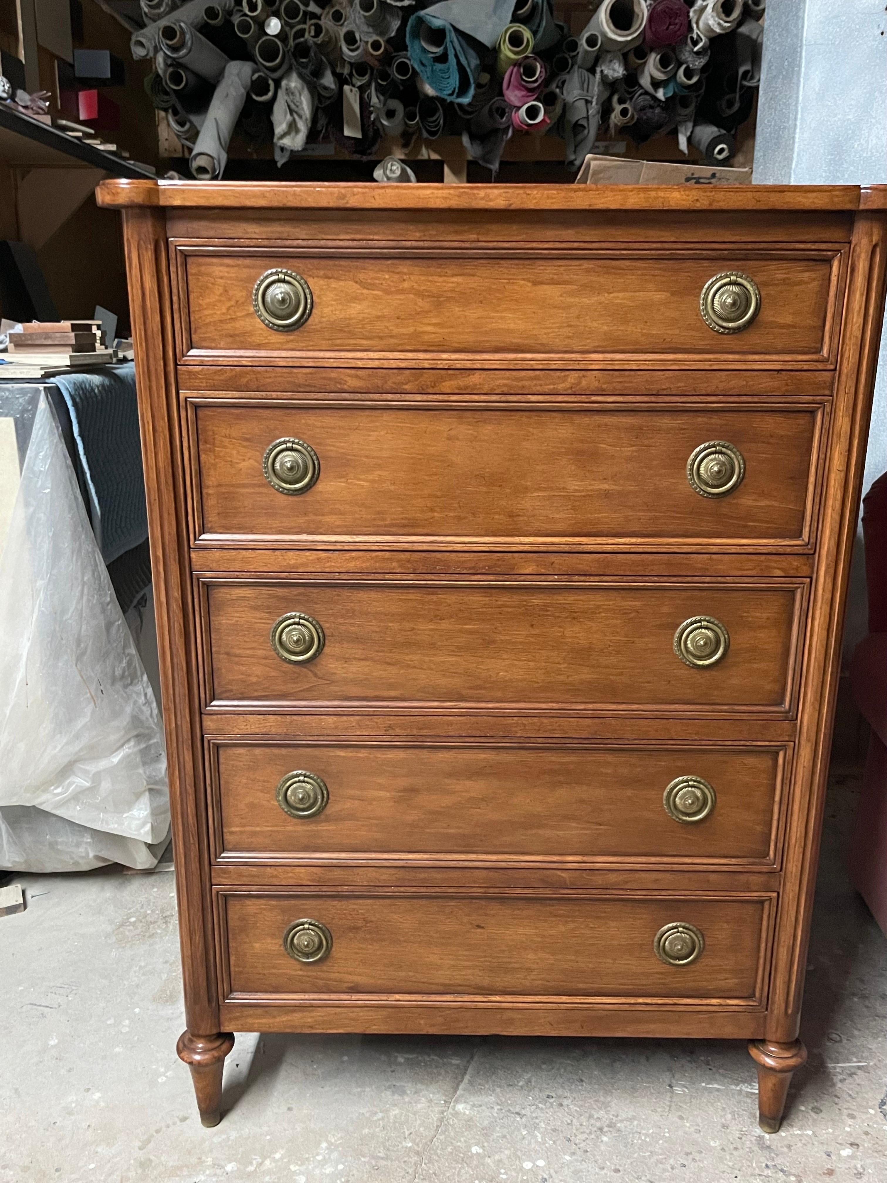 A stunning Pair of French Commodes Chiffoniers in solid wood and brass details.
The Pair of French-Style Commodes Signed by Jacques Bodart.
This items are fully refurbished and in impeccable condition.