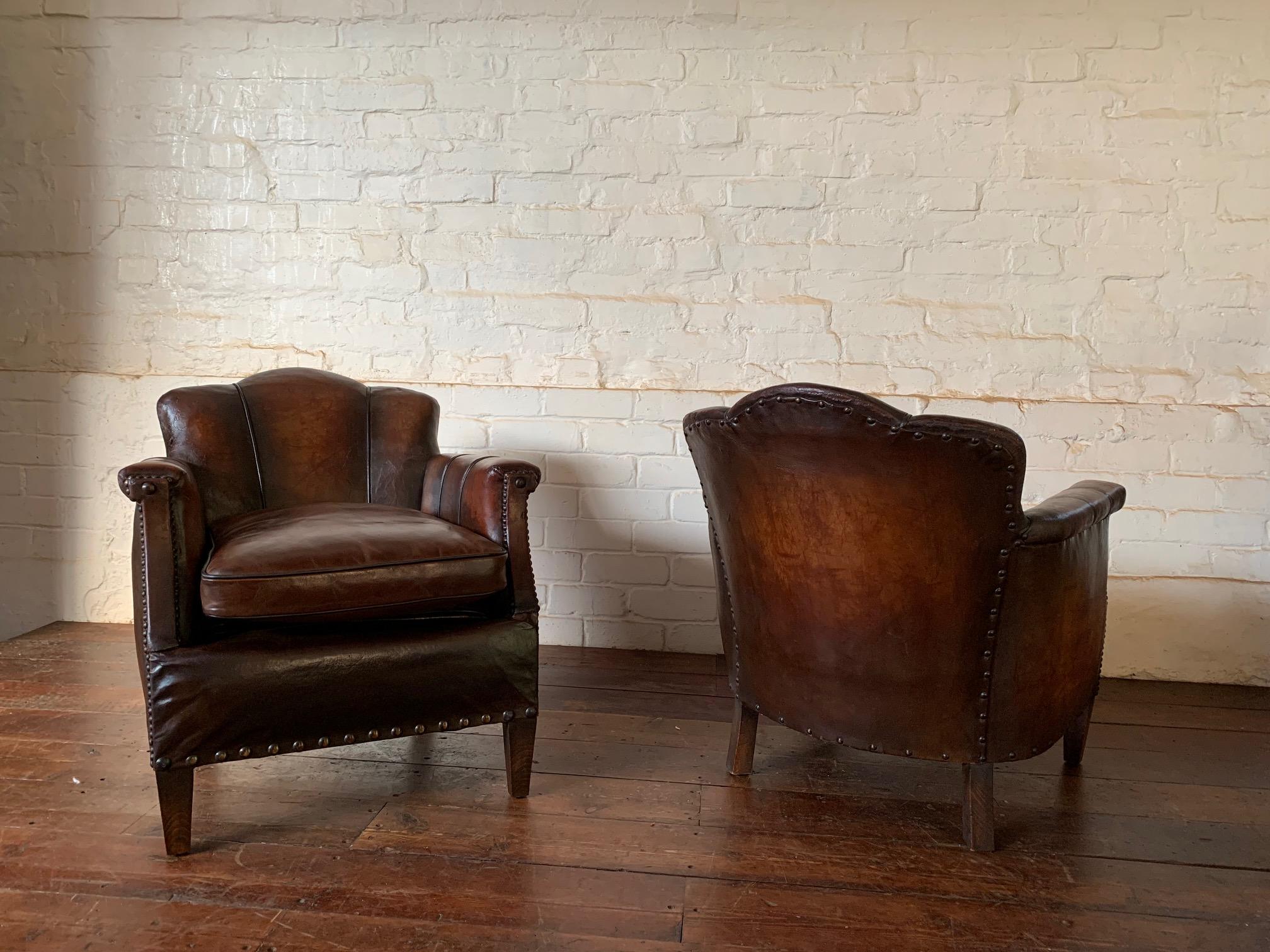 A Stunning Pair of French Leather Club Chairs, Art Deco, Trilobe Models C1930's 6