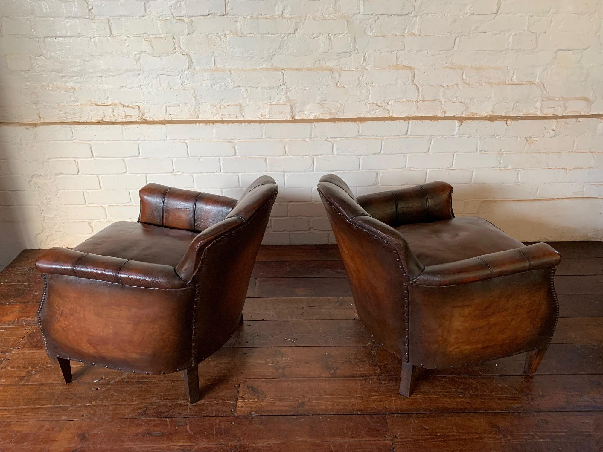 A Stunning Pair of French Leather Club Chairs, Art Deco, Trilobe Models C1930's 7