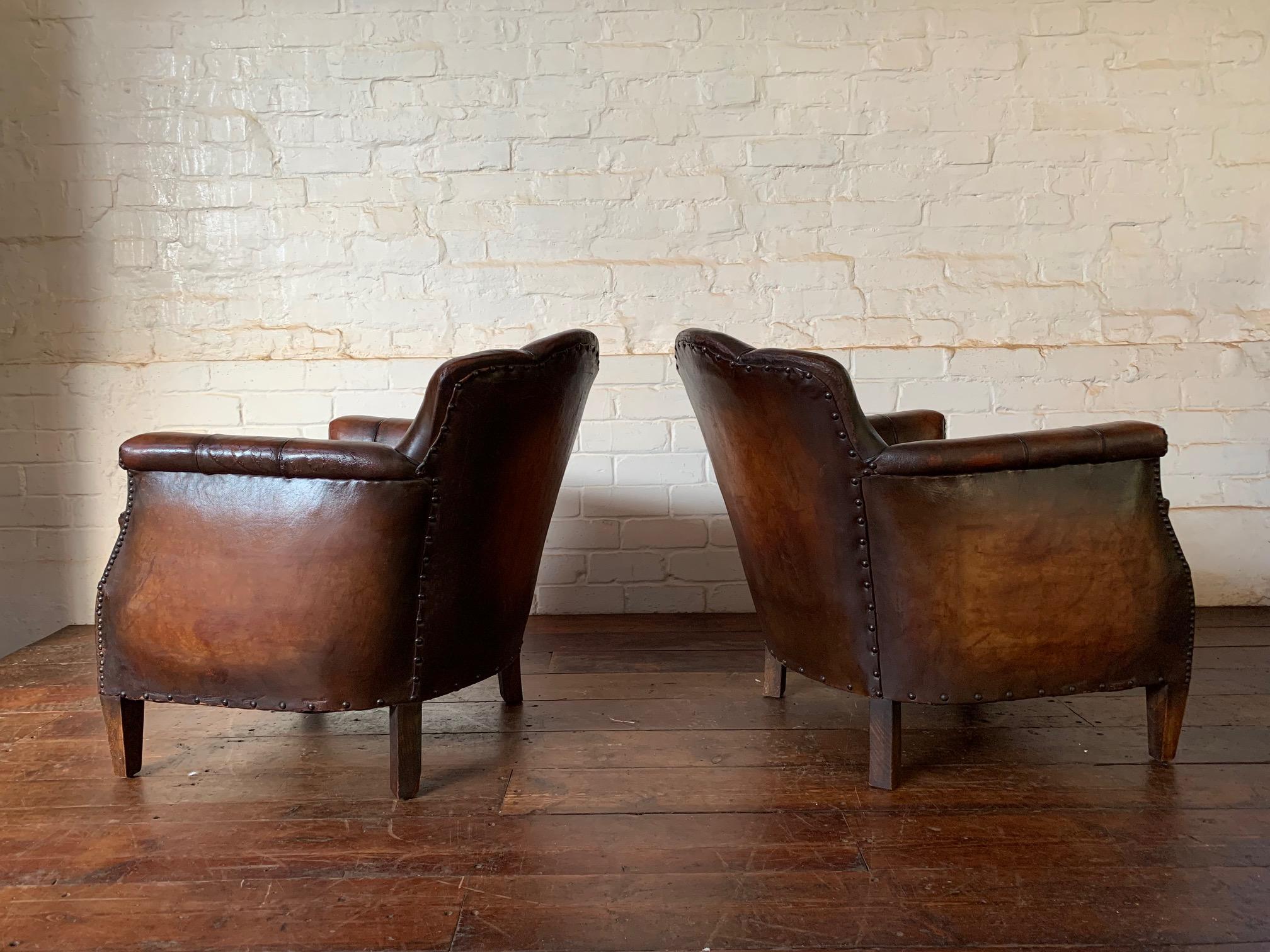 A Stunning Pair of French Leather Club Chairs, Art Deco, Trilobe Models C1930's 8