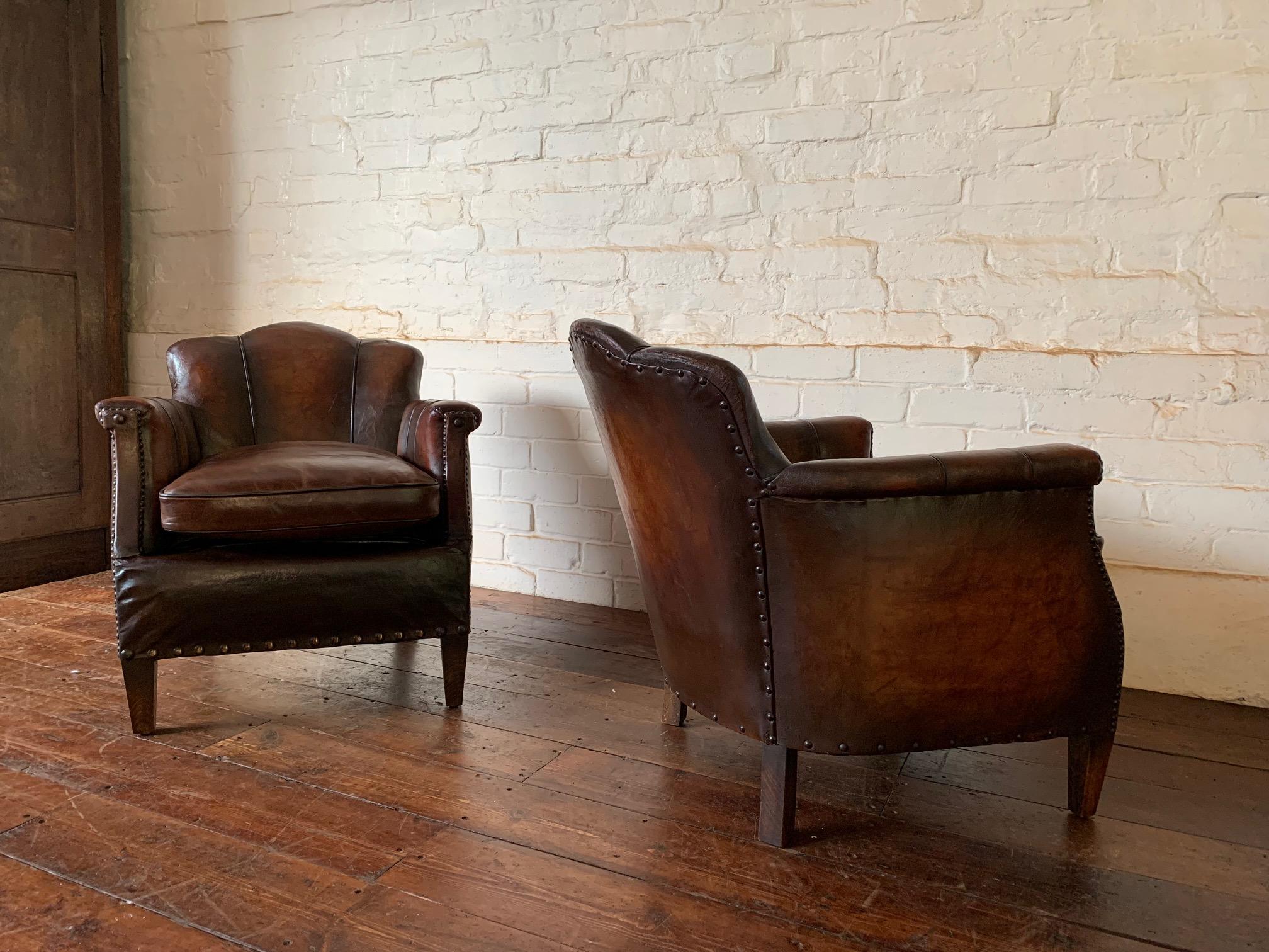 A Stunning Pair of French Leather Club Chairs, Art Deco, Trilobe Models C1930's 9