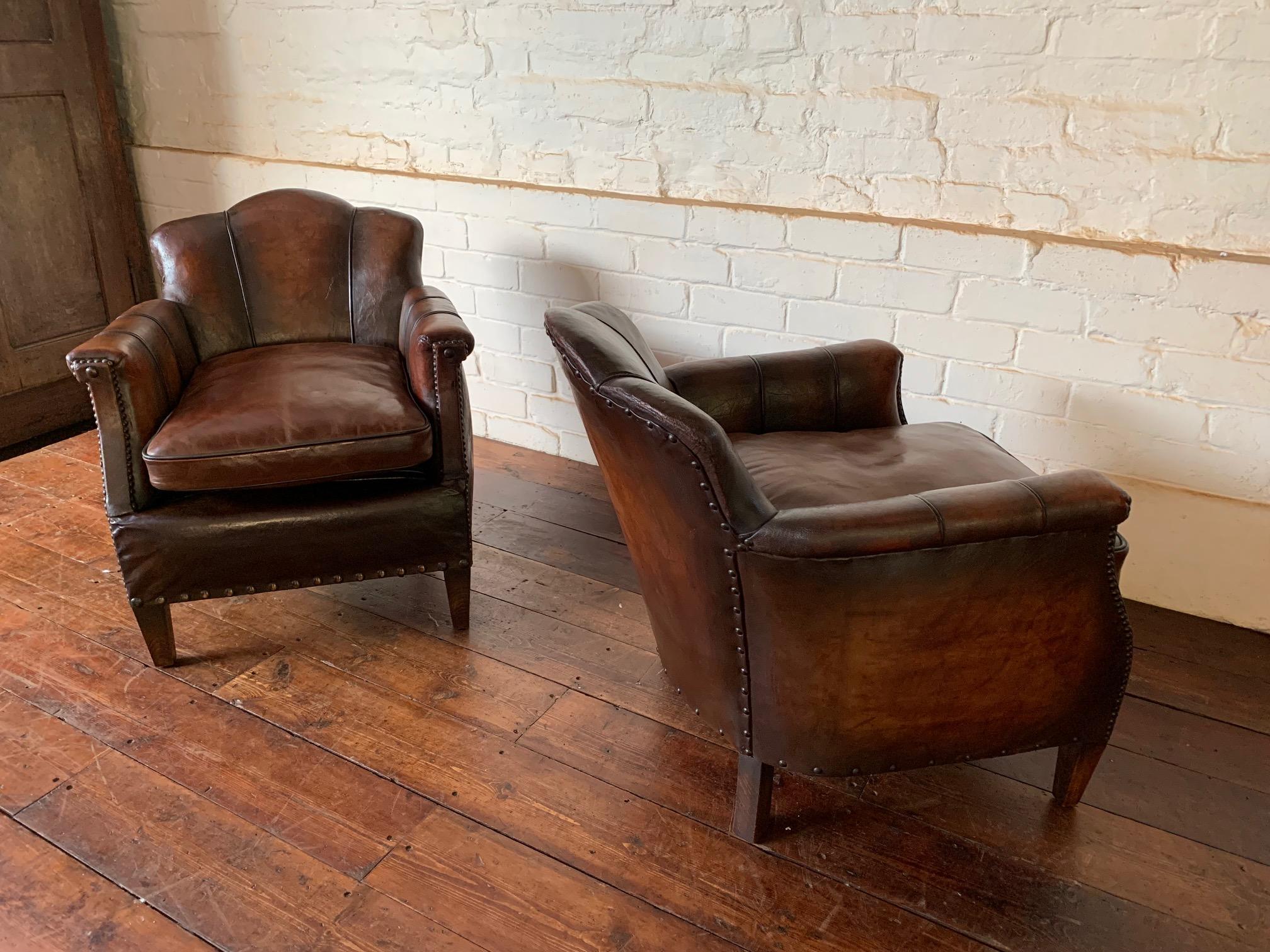A Stunning Pair of French Leather Club Chairs, Art Deco, Trilobe Models C1930's 10