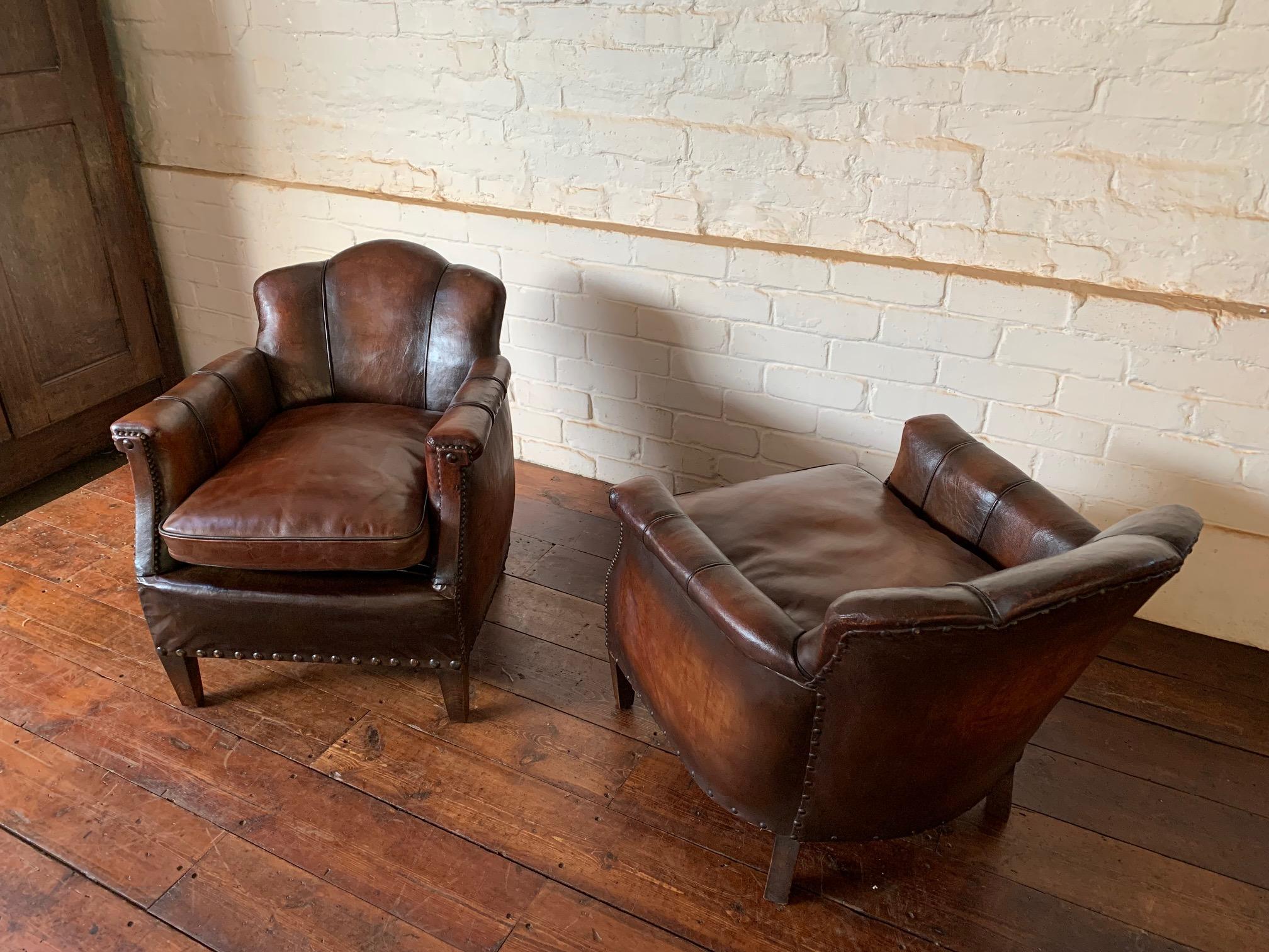 A Stunning Pair of French Leather Club Chairs, Art Deco, Trilobe Models C1930's In Good Condition In Hastings, GB