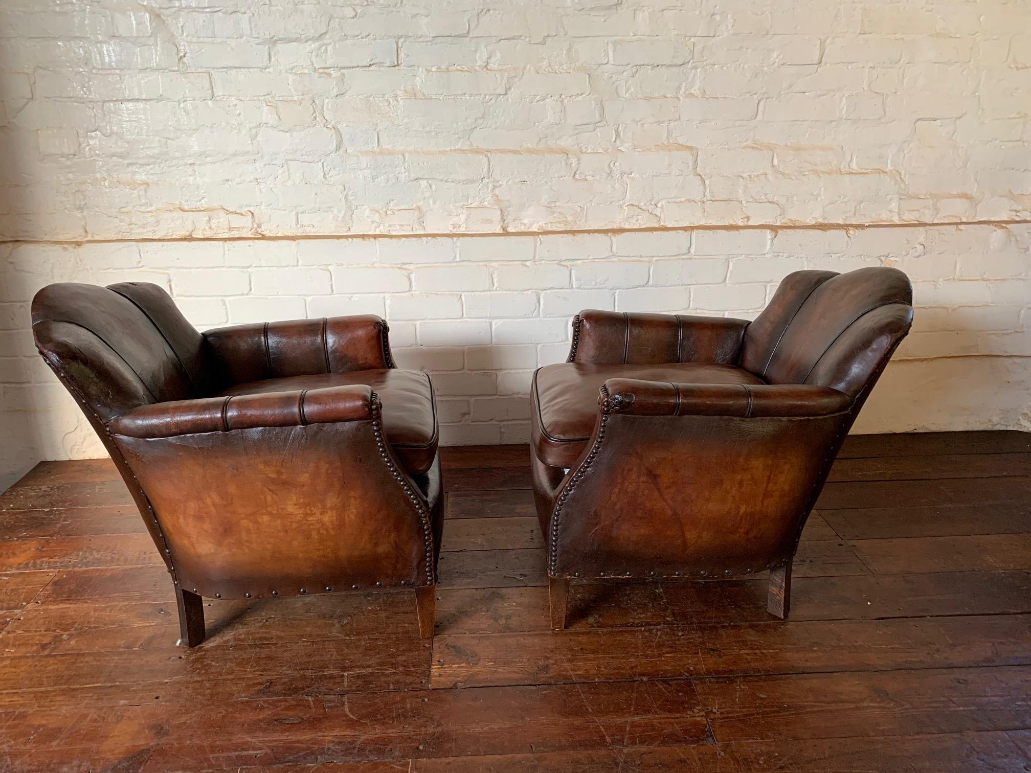 20th Century A Stunning Pair of French Leather Club Chairs, Art Deco, Trilobe Models C1930's