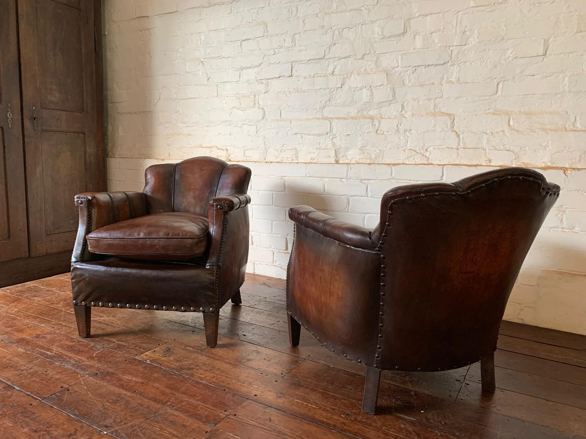 A Stunning Pair of French Leather Club Chairs, Art Deco, Trilobe Models C1930's 1