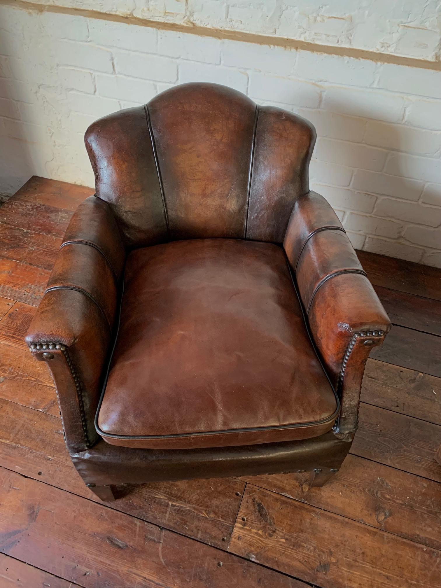 A Stunning Pair of French Leather Club Chairs, Art Deco, Trilobe Models C1930's 2