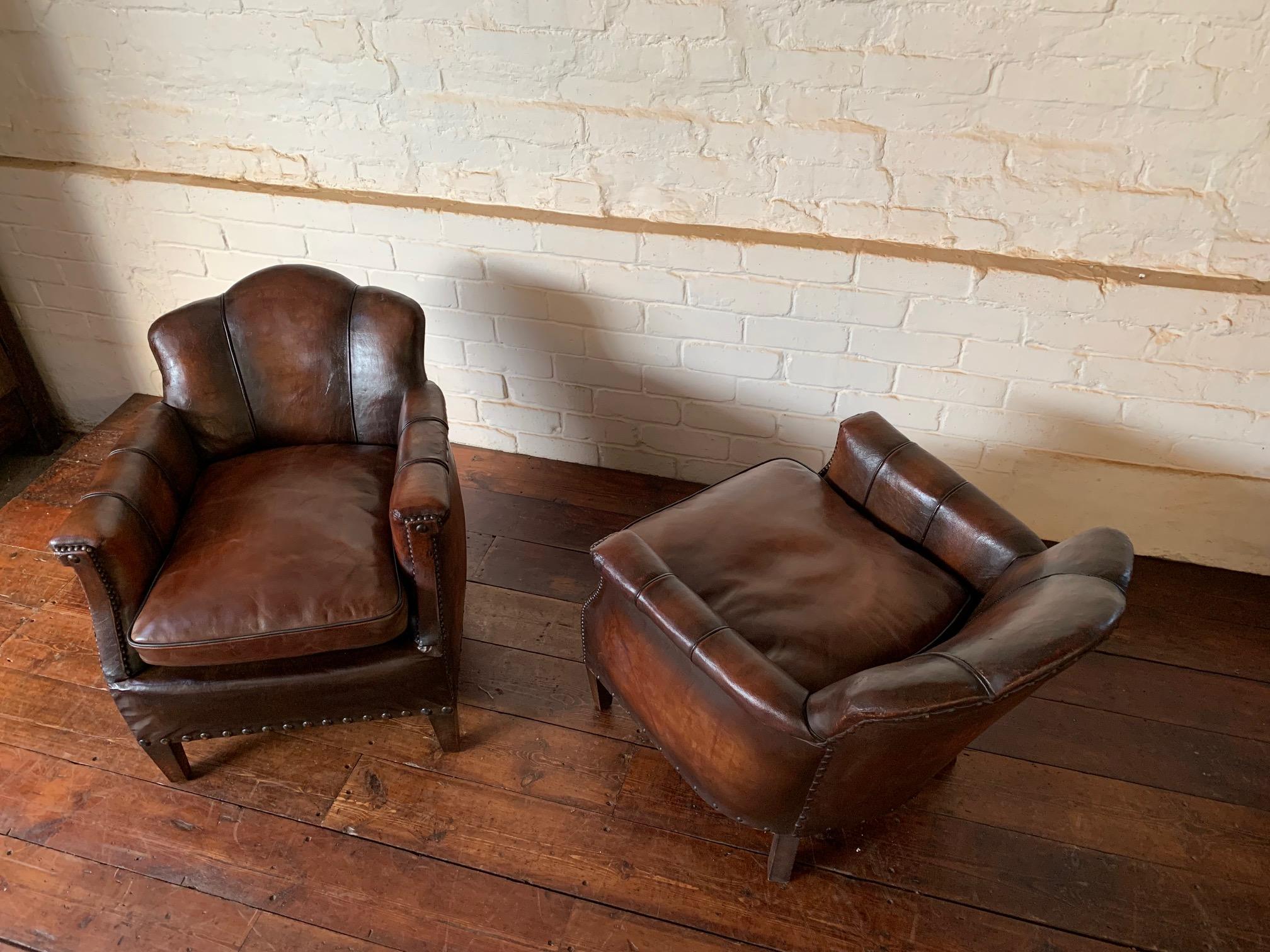 A Stunning Pair of French Leather Club Chairs, Art Deco, Trilobe Models C1930's 3