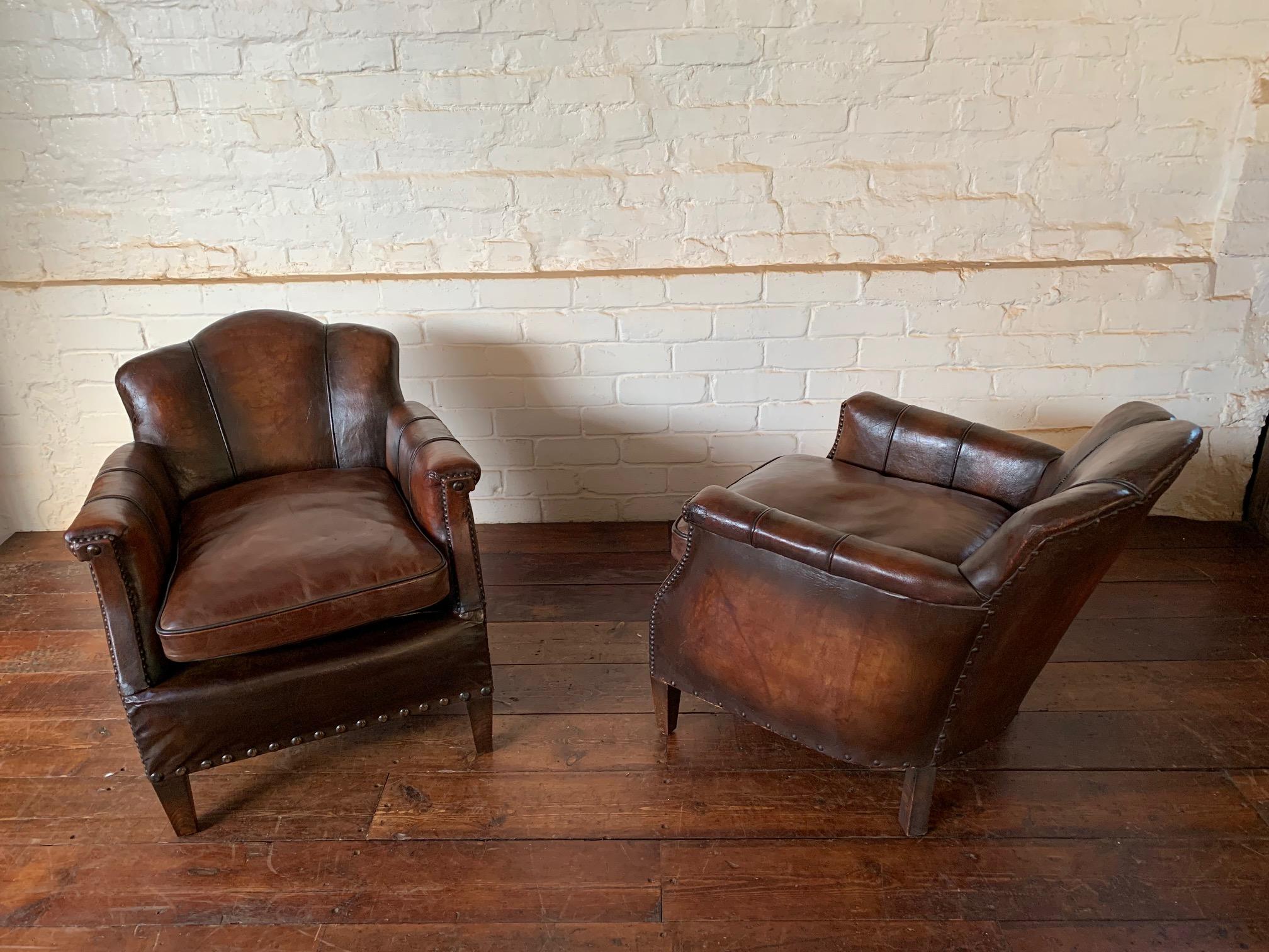 A Stunning Pair of French Leather Club Chairs, Art Deco, Trilobe Models C1930's 4