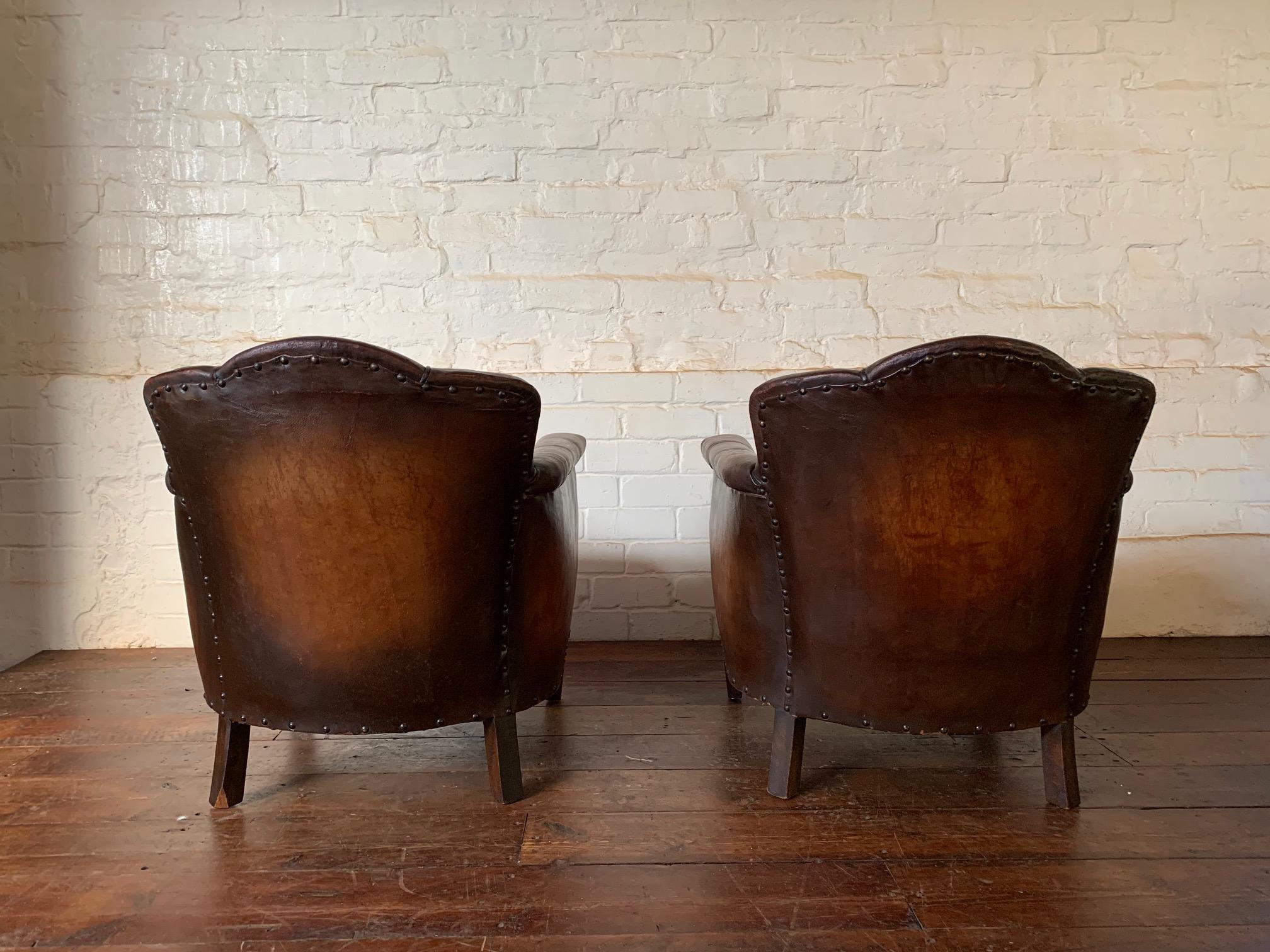 A Stunning Pair of French Leather Club Chairs, Art Deco, Trilobe Models C1930's 5