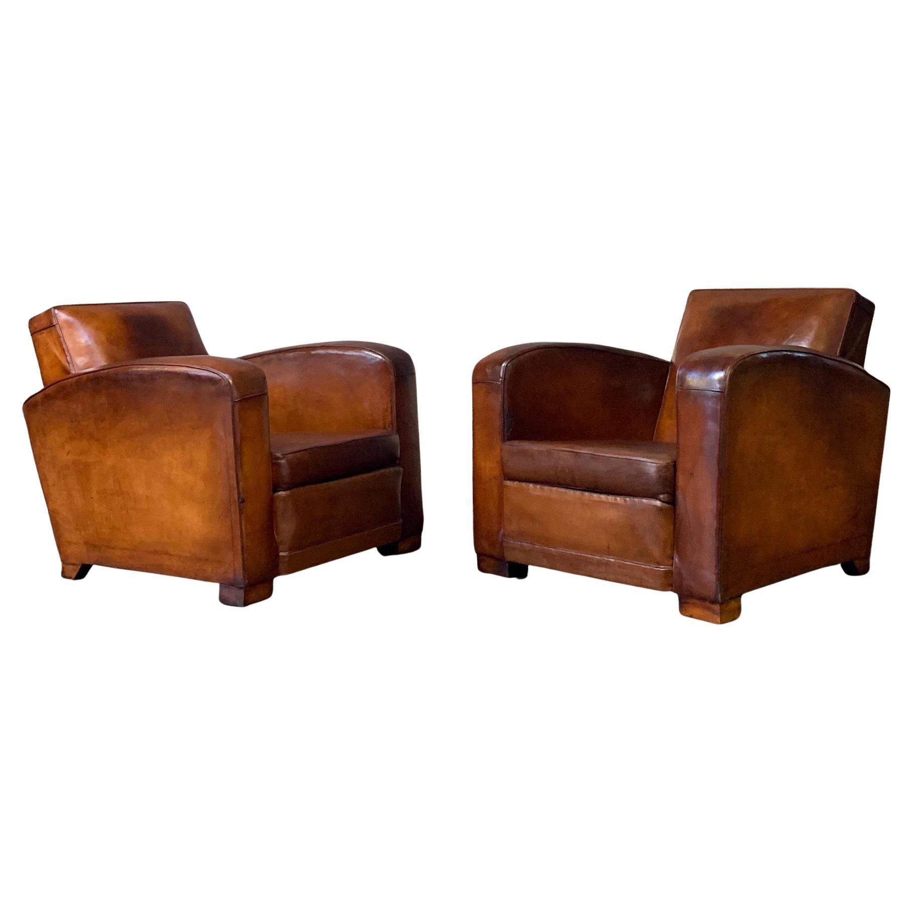 Impresionante Pareja de Sillones de Cuero Franceses, Atribuidos a Jacques Adnet C1950