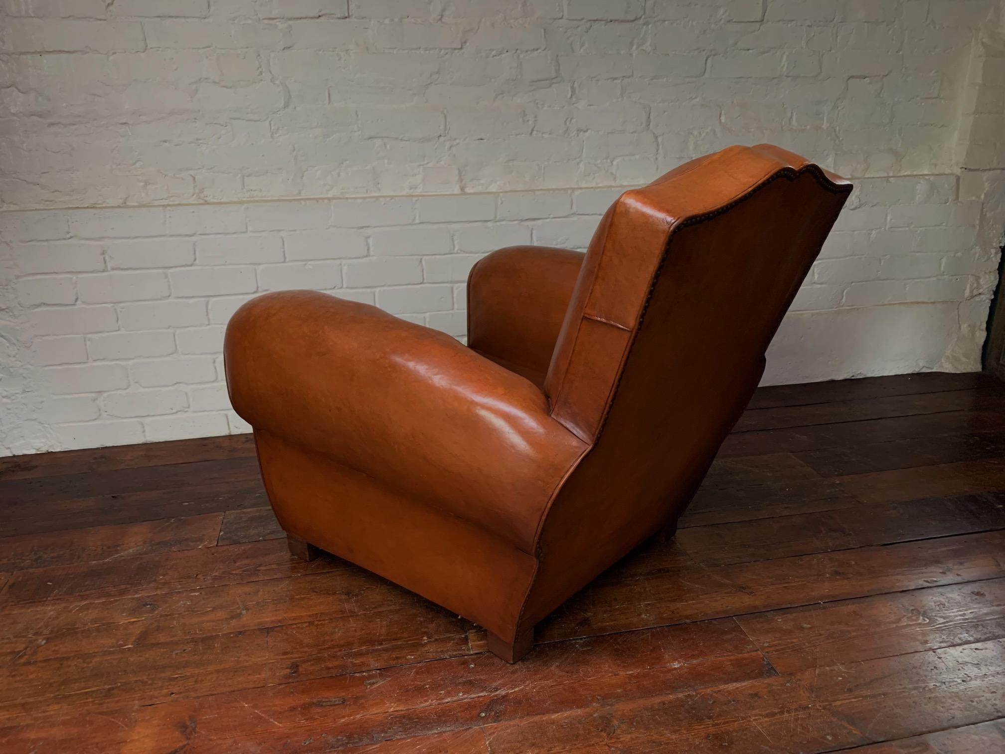 A Stunning Pair of French Leather Club Chairs, Caramel Moustache Models, C1940's 5