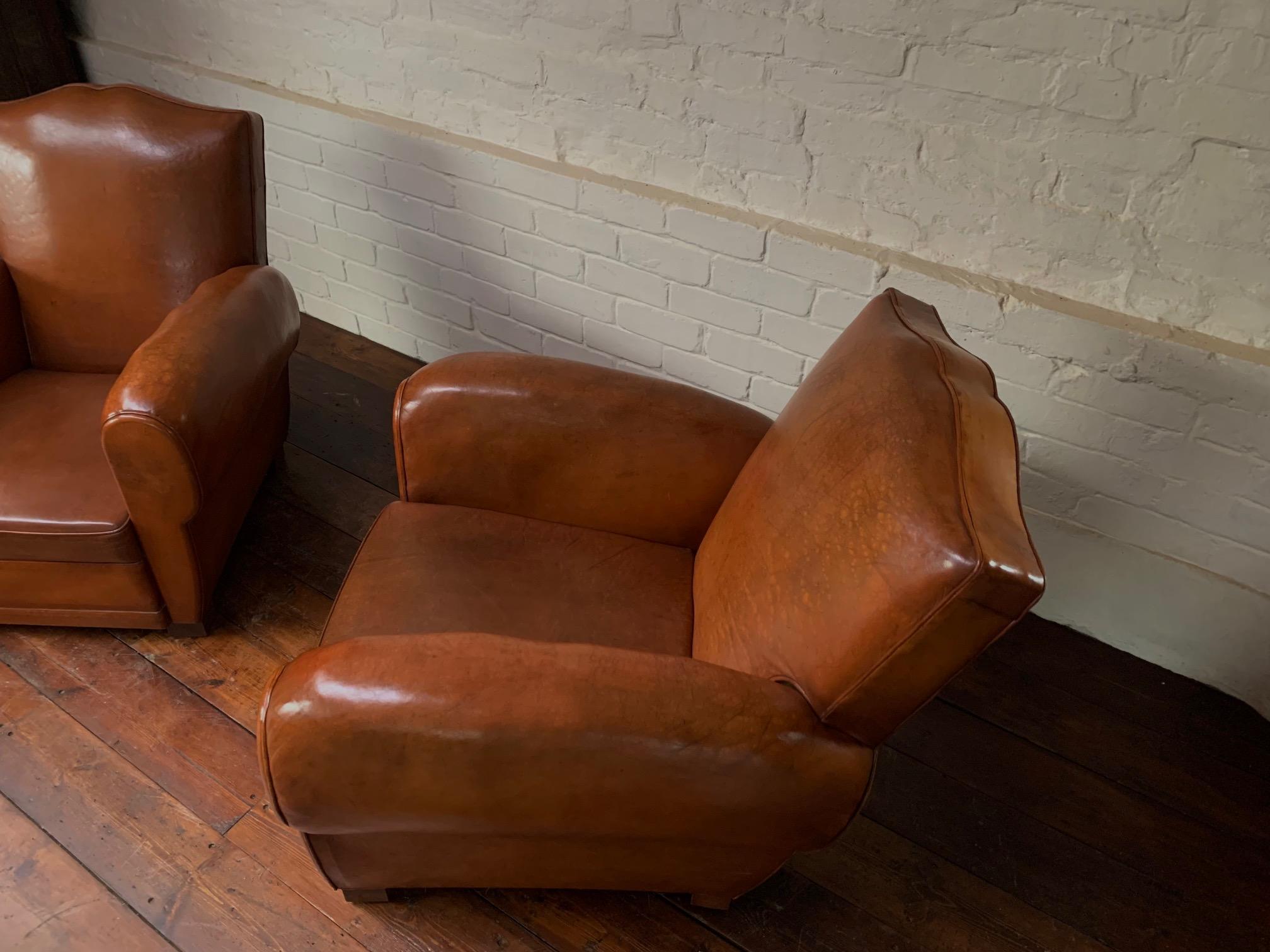 A Stunning Pair of French Leather Club Chairs, Caramel Moustache Models, C1940's 8