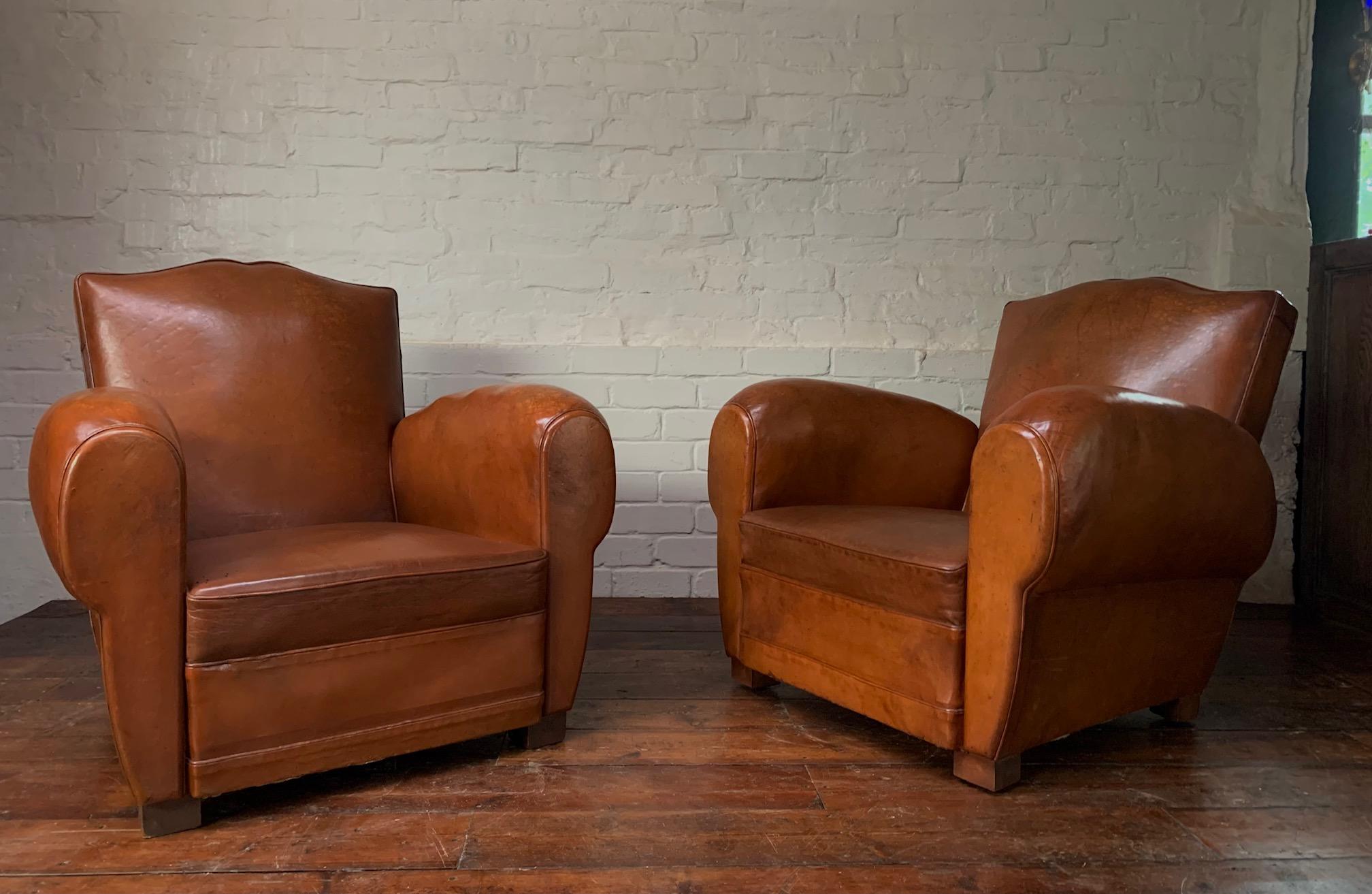 A Stunning Pair of French Leather Club Chairs, Caramel Moustache Models, C1940's 9