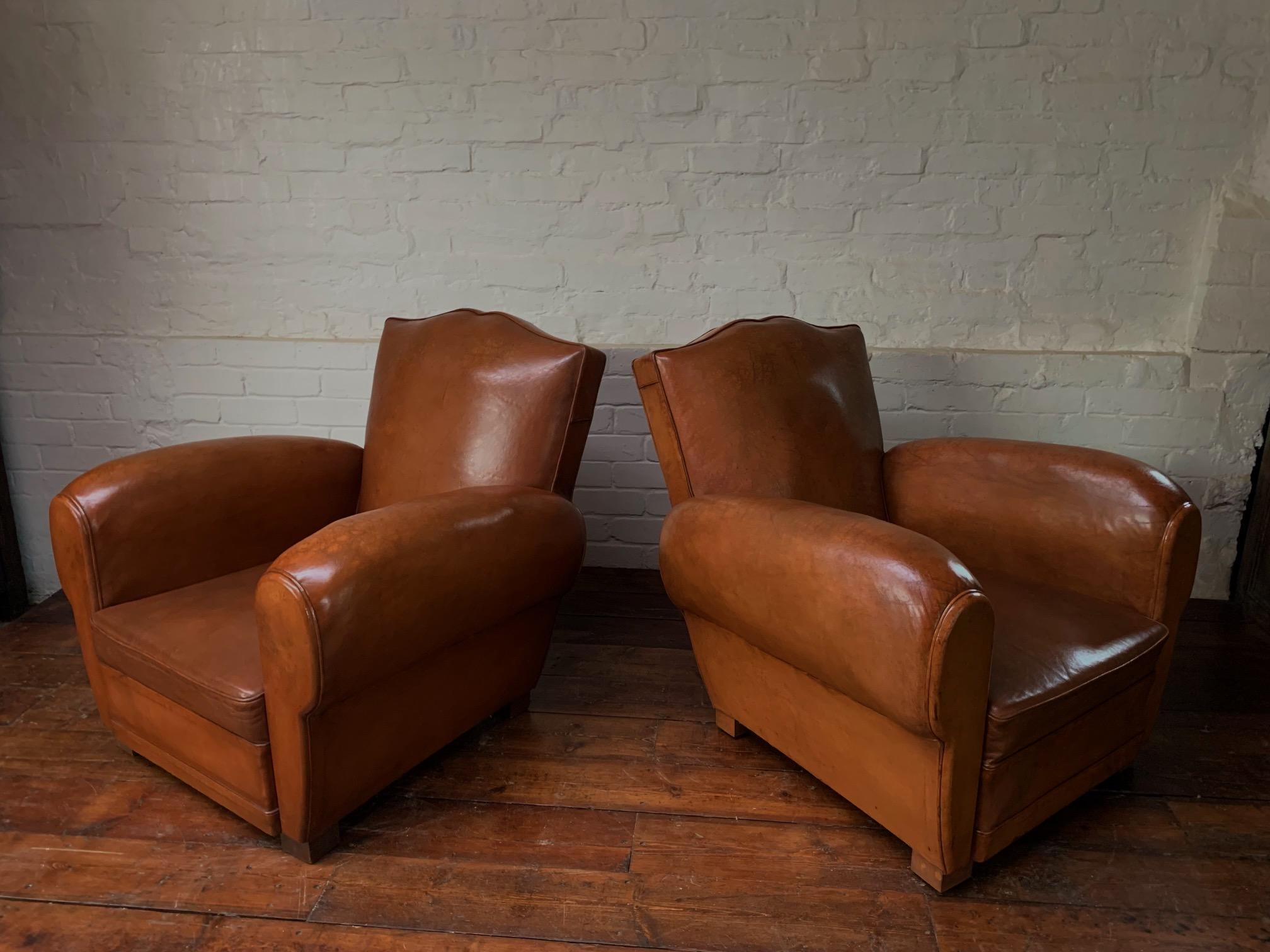 Art Deco A Stunning Pair of French Leather Club Chairs, Caramel Moustache Models, C1940's