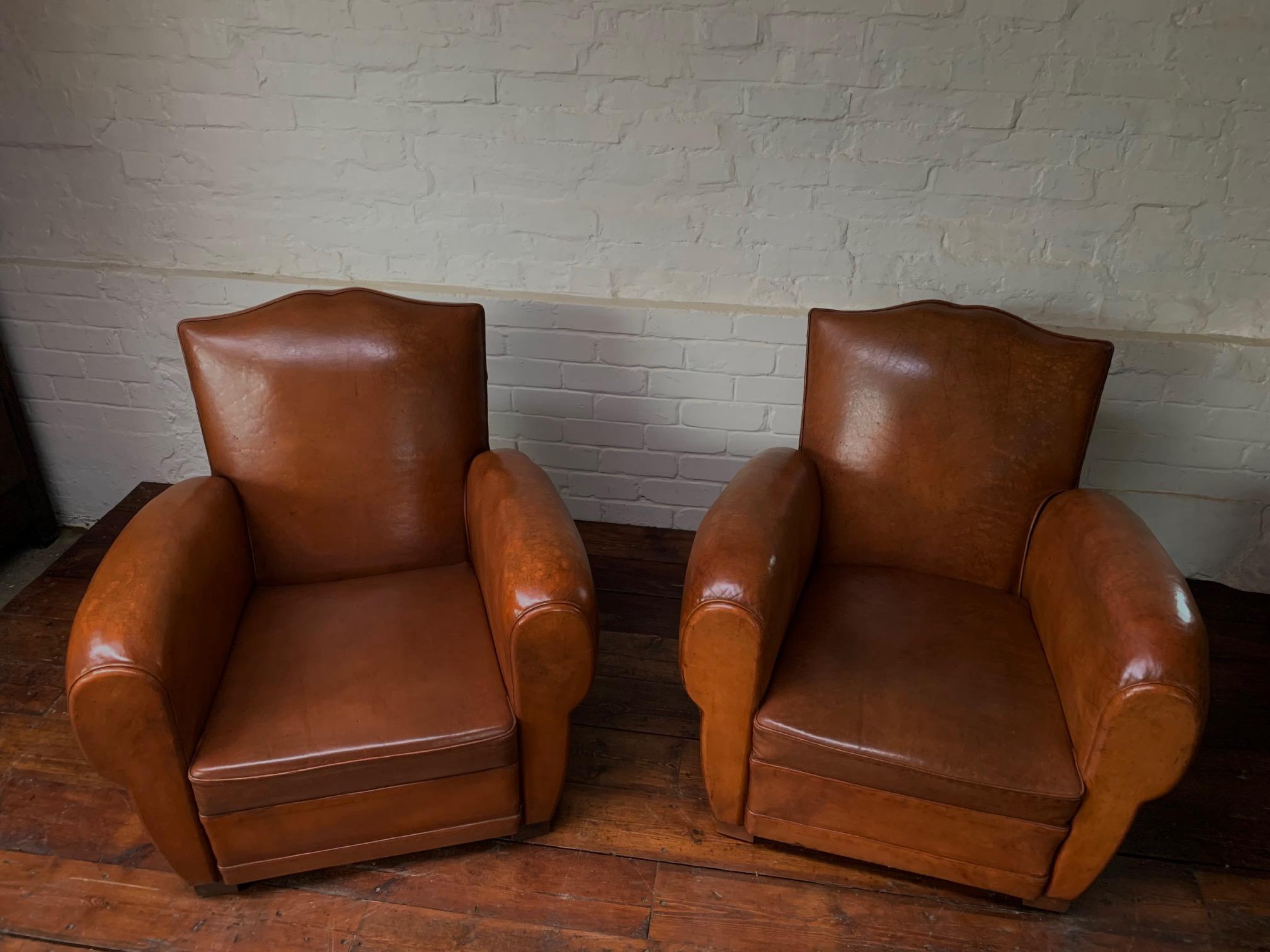 20th Century A Stunning Pair of French Leather Club Chairs, Caramel Moustache Models, C1940's
