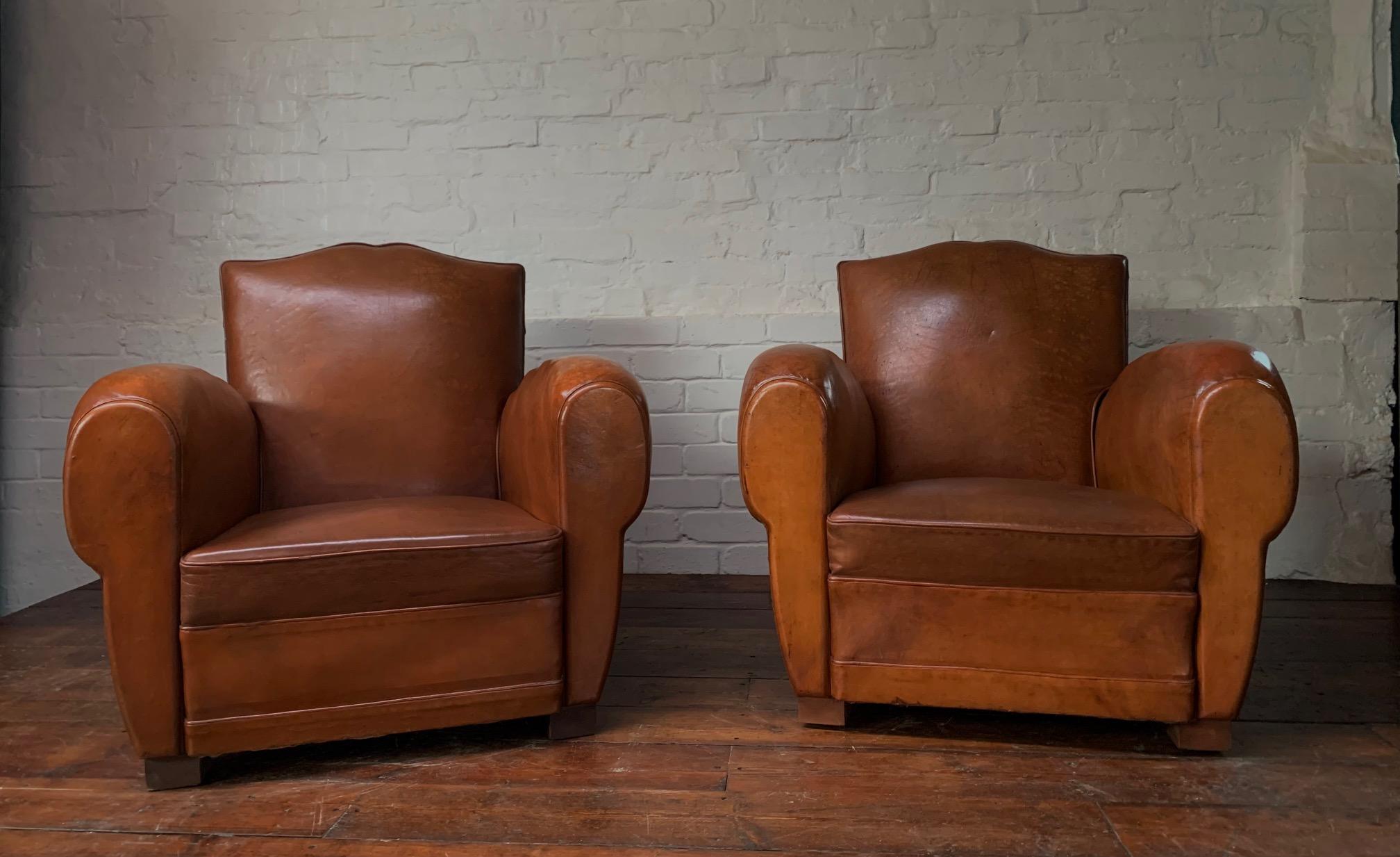 A Stunning Pair of French Leather Club Chairs, Caramel Moustache Models, C1940's 3