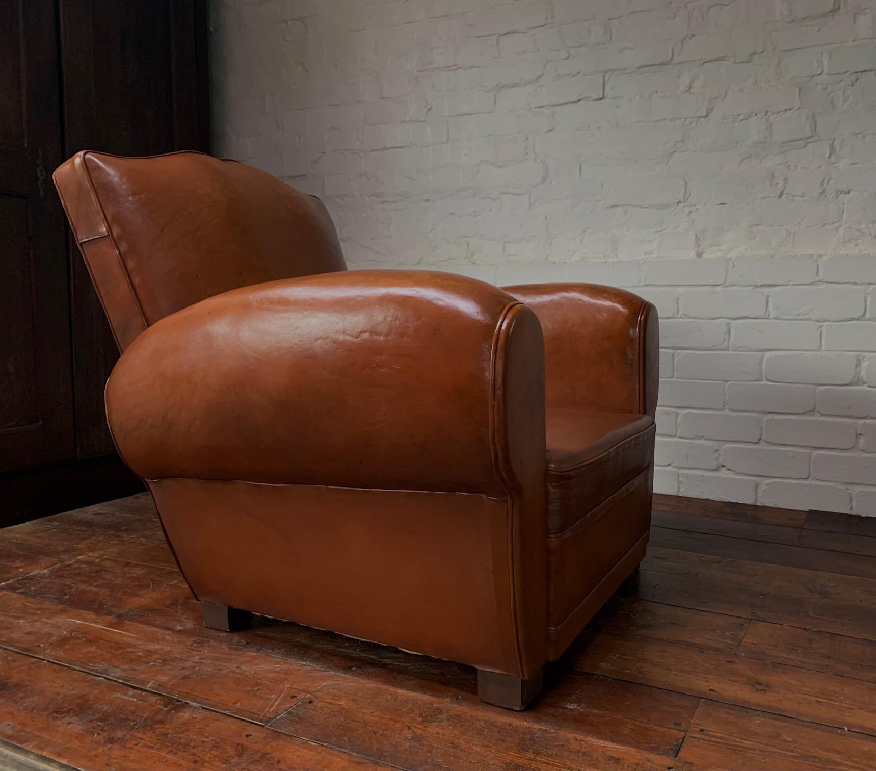 A Stunning Pair of French Leather Club Chairs, Caramel Moustache Models, C1940's 4