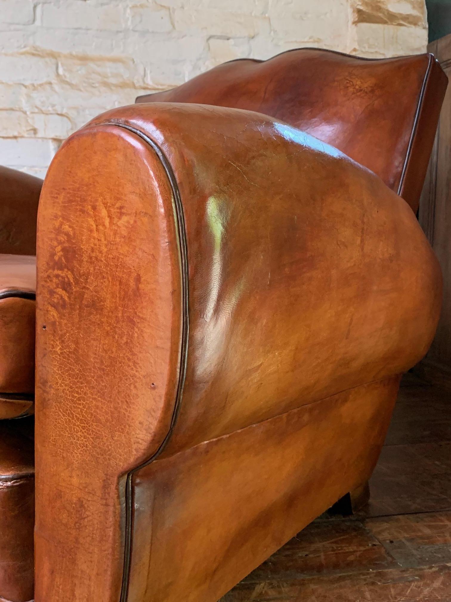 A Stunning Pair of French Leather Club Chairs, Havana Moustache Models, C1930's 5