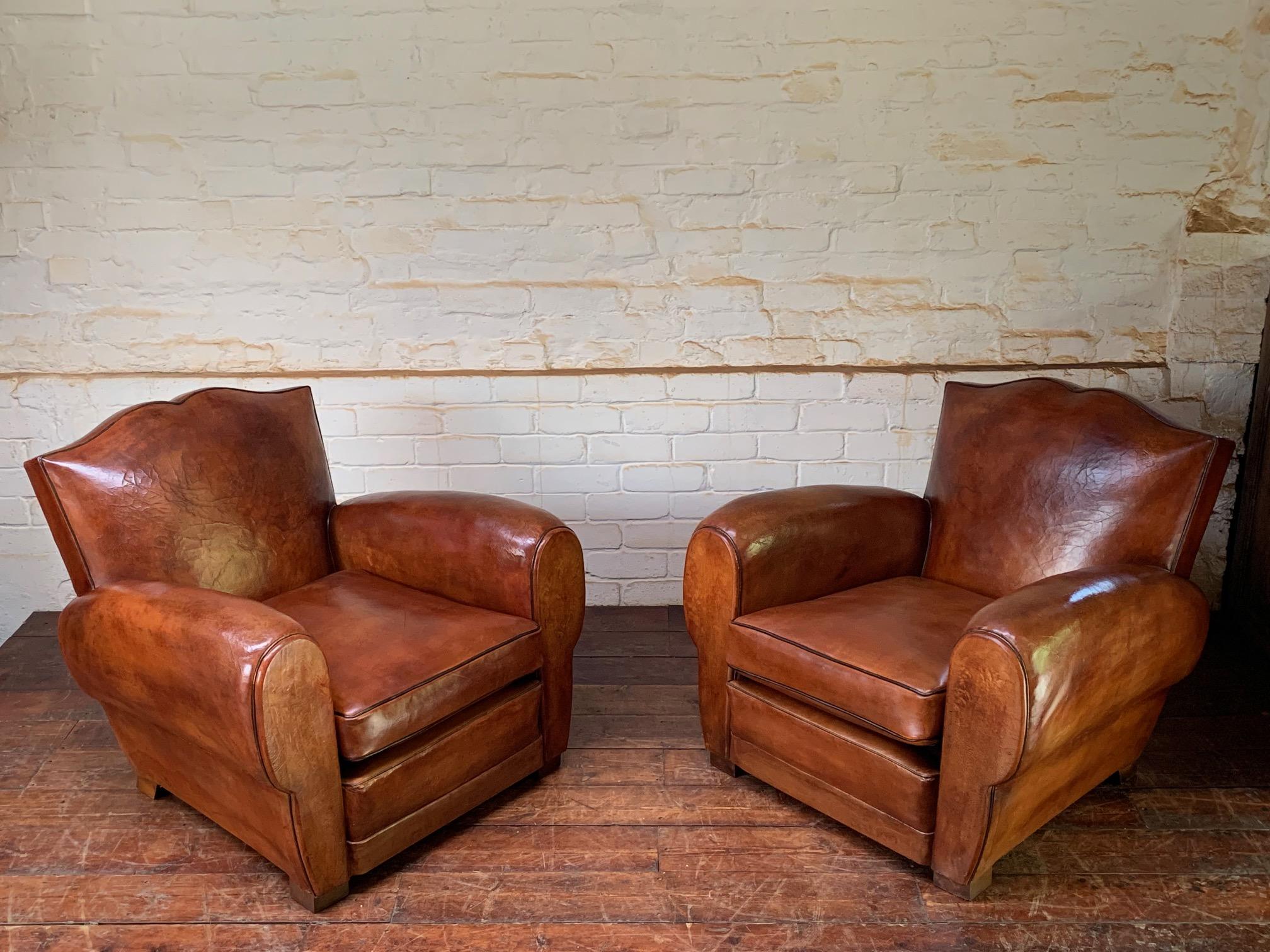 A Stunning Pair of French Leather Club Chairs, Havana Moustache Models, C1930's 6