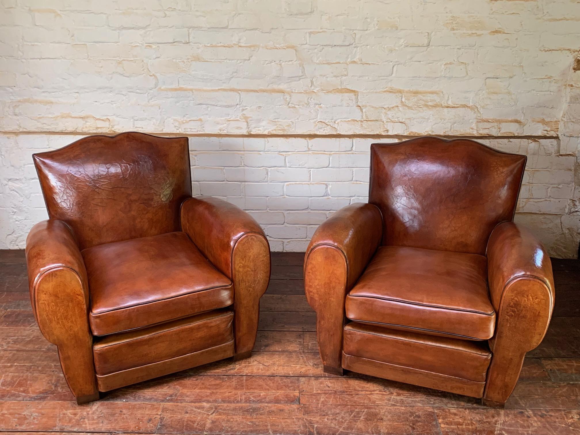 A Stunning Pair of French Leather Club Chairs, Havana Moustache Models, C1930's 7