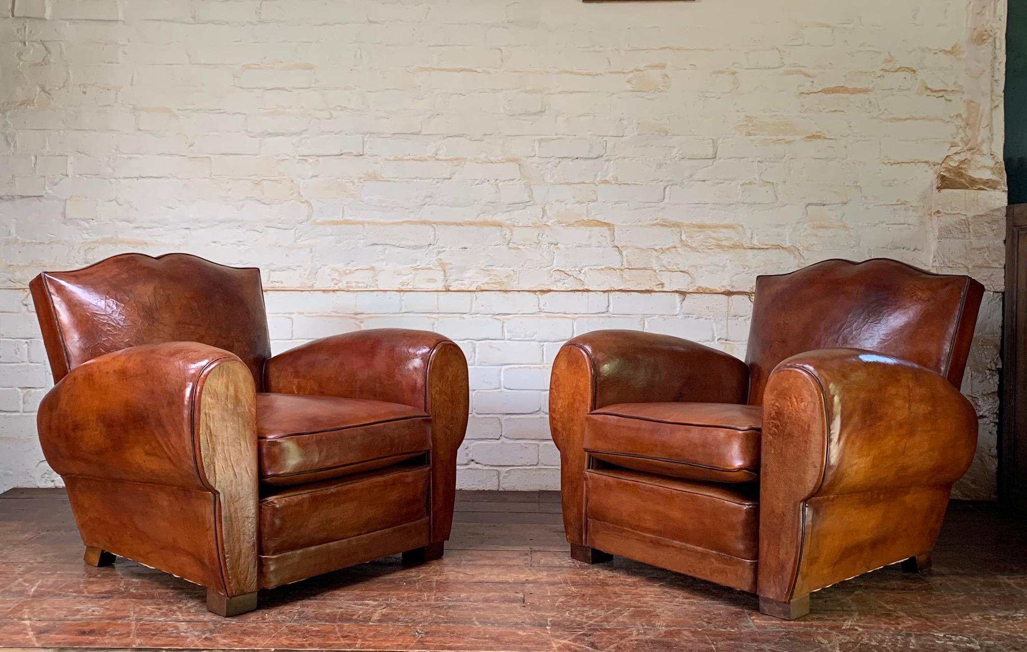 A Stunning Pair of French Leather Club Chairs, Havana Moustache Models, C1930's 8