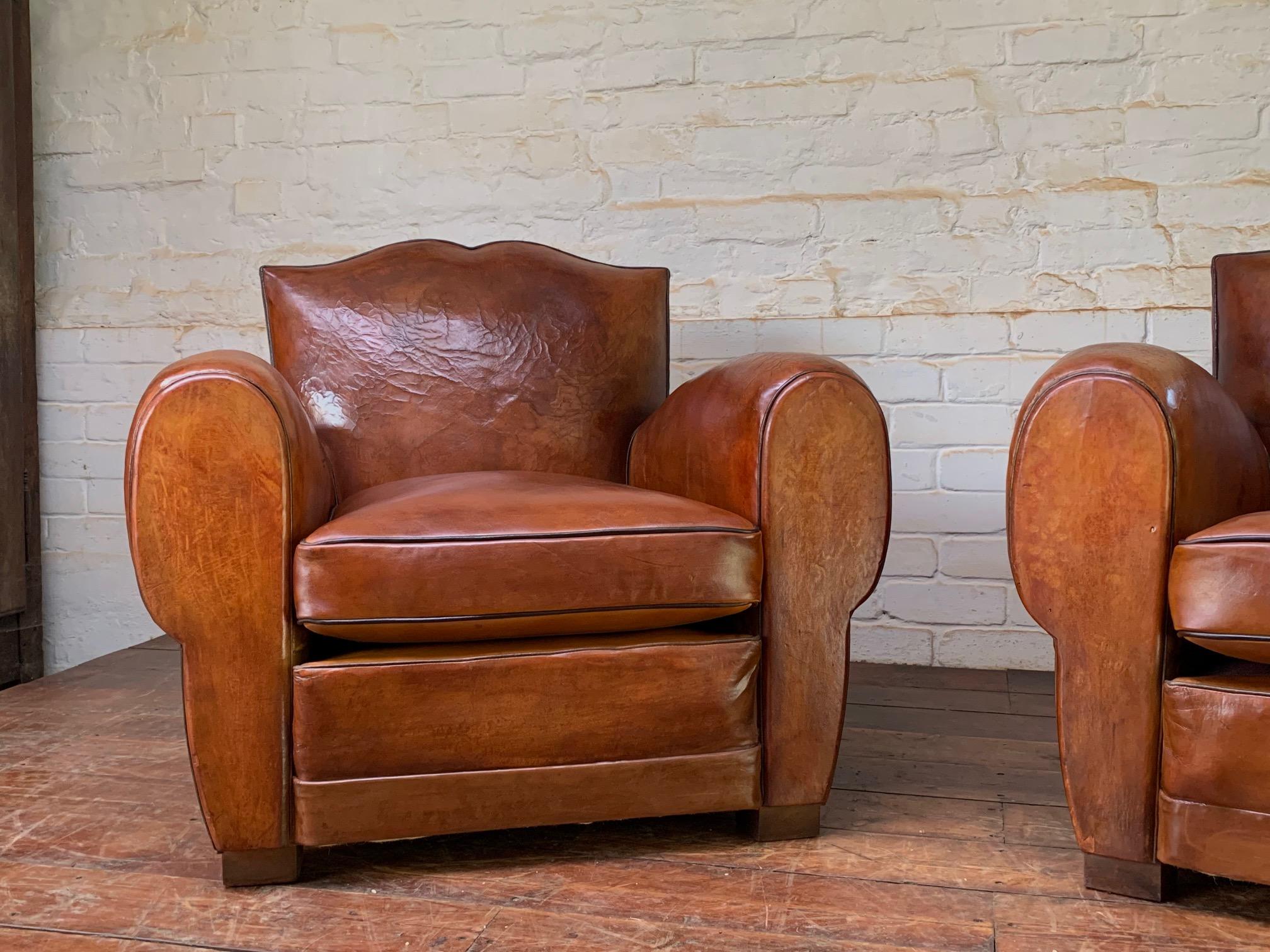 A Stunning Pair of French Leather Club Chairs, Havana Moustache Models, C1930's 9