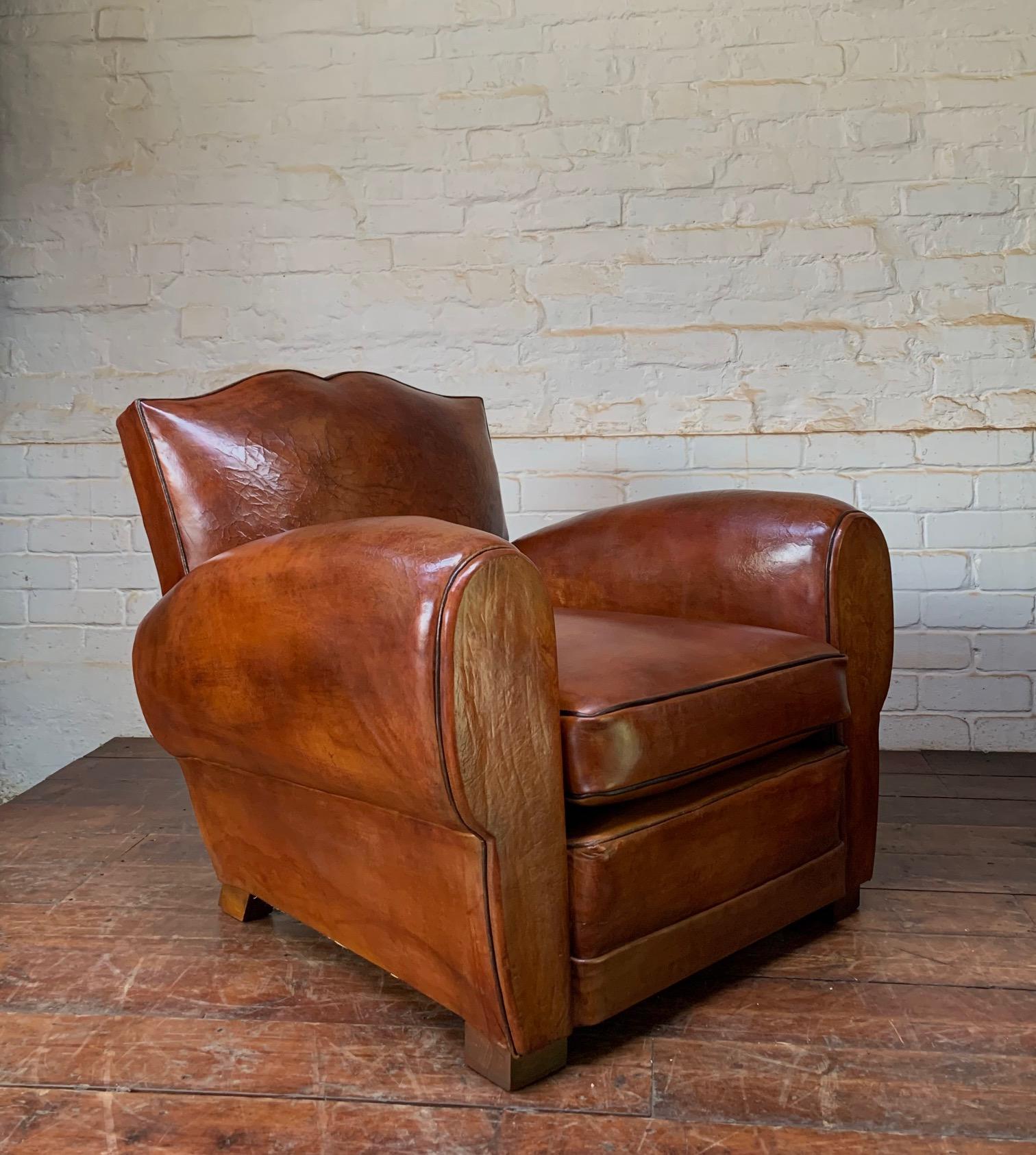 A Stunning Pair of French Leather Club Chairs, Havana Moustache Models, C1930's 10