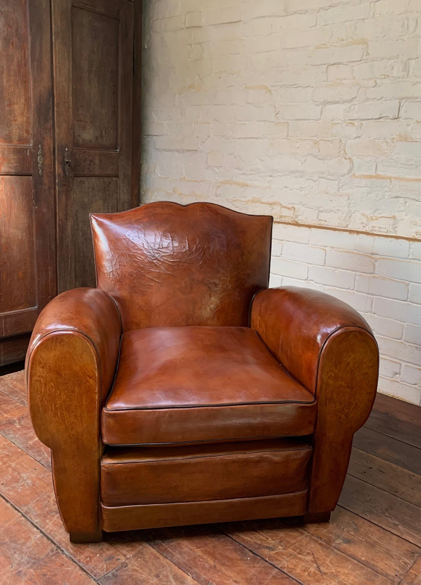 A Stunning Pair of French Leather Club Chairs, Havana Moustache Models, C1930's 11
