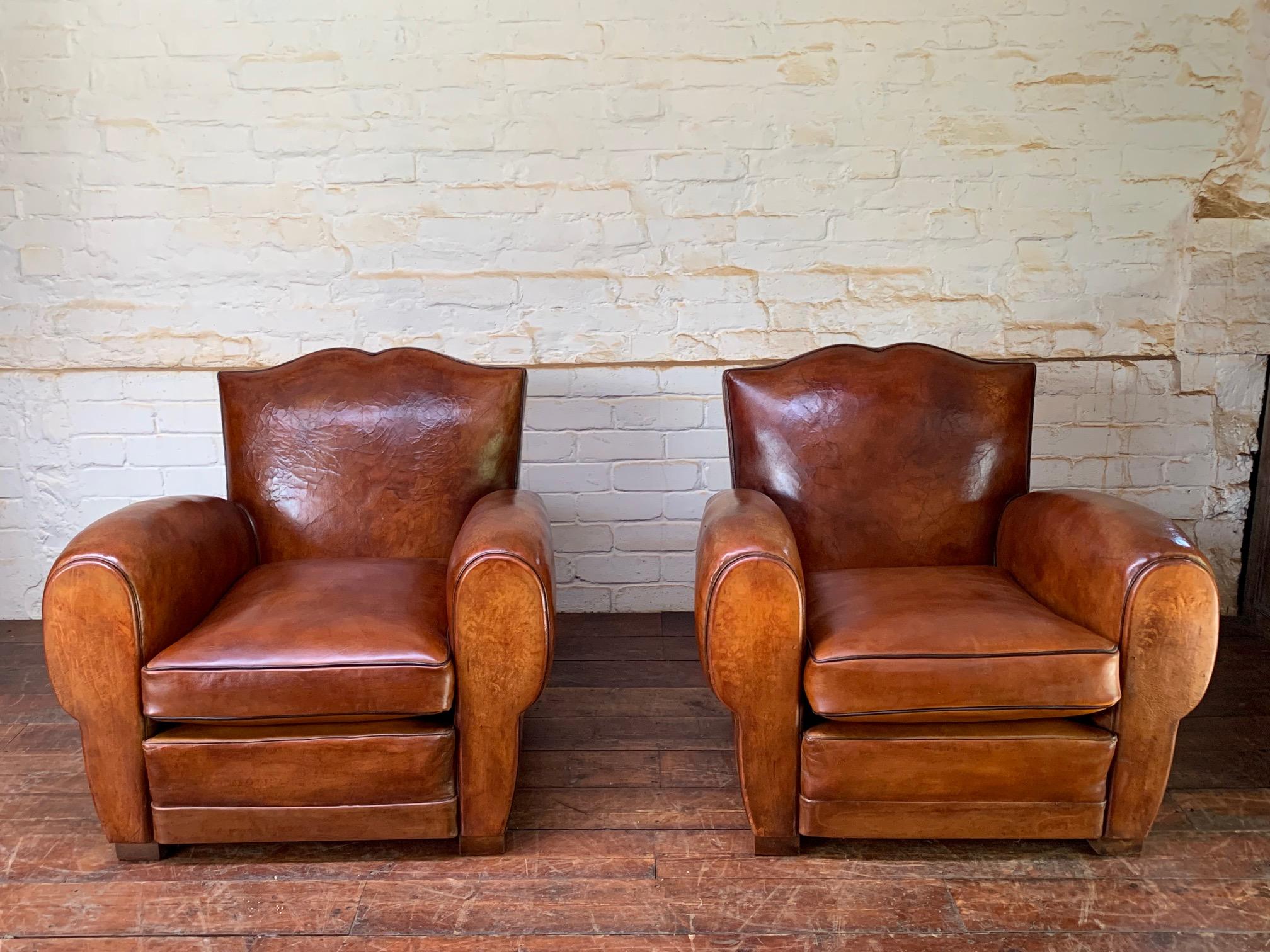 A Stunning Pair of French Leather Club Chairs, Havana Moustache Models, C1930's 12