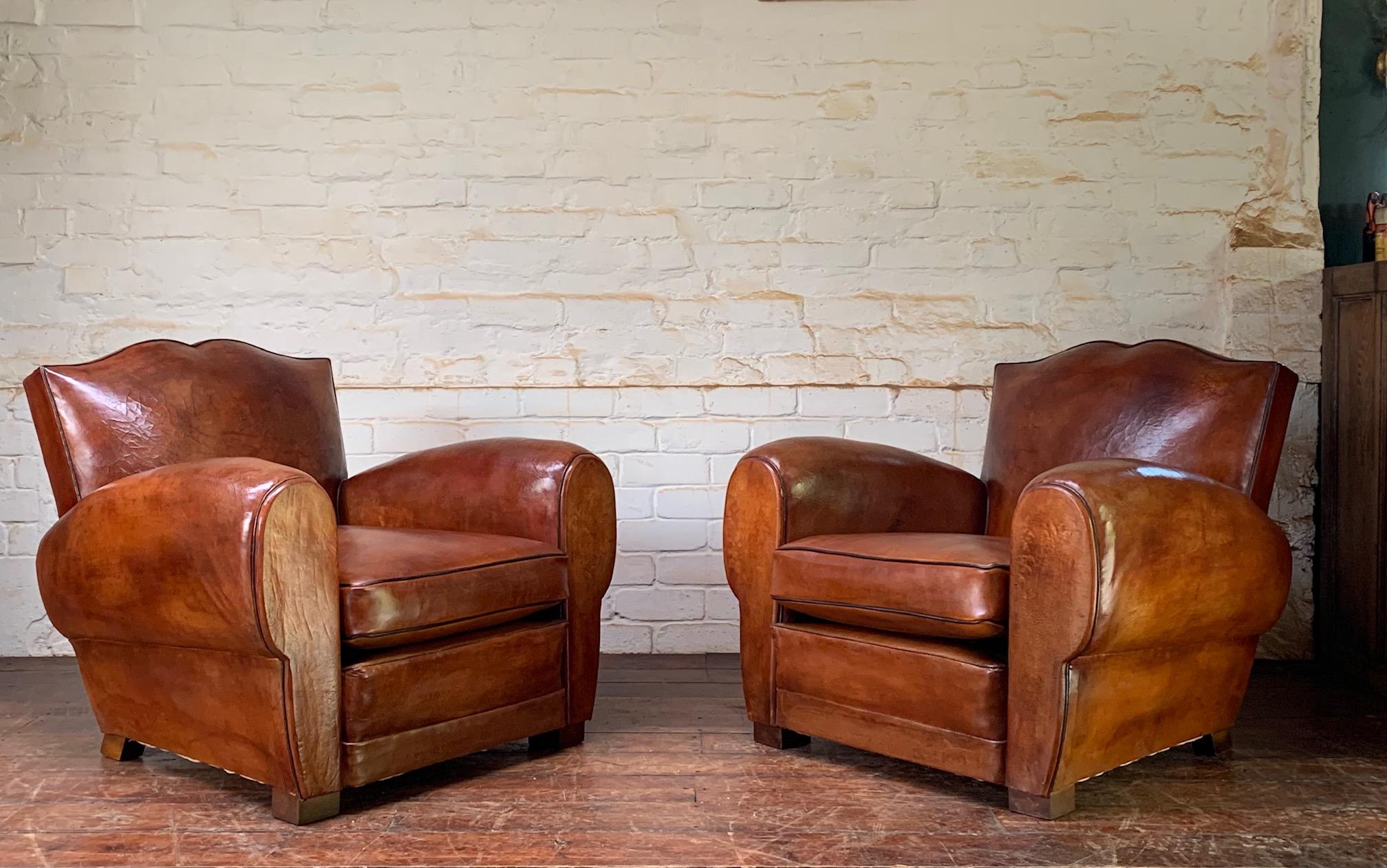A Stunning Pair of French Leather Club Chairs, Havana Moustache Models, C1930's 14