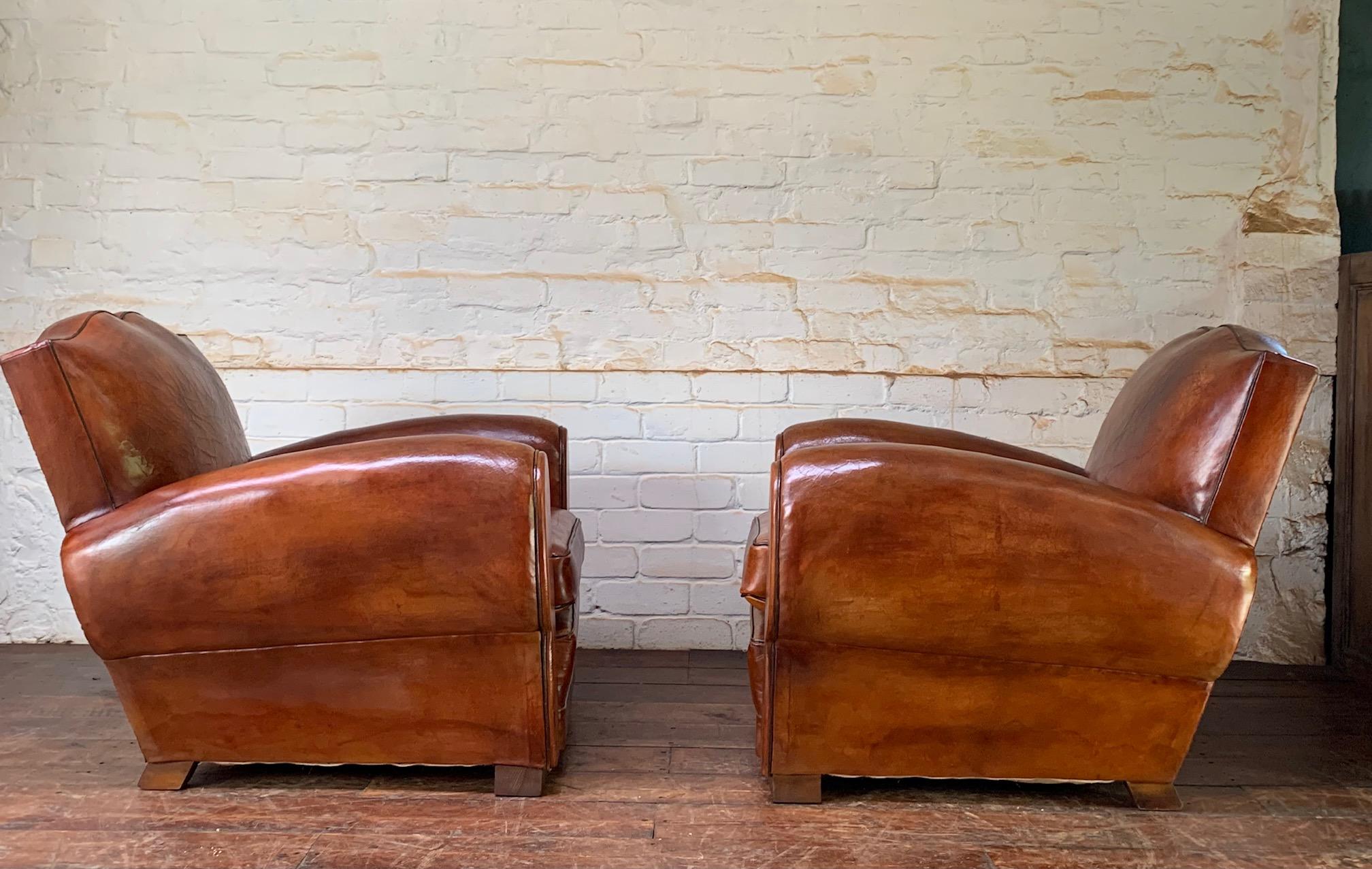 Art Deco A Stunning Pair of French Leather Club Chairs, Havana Moustache Models, C1930's