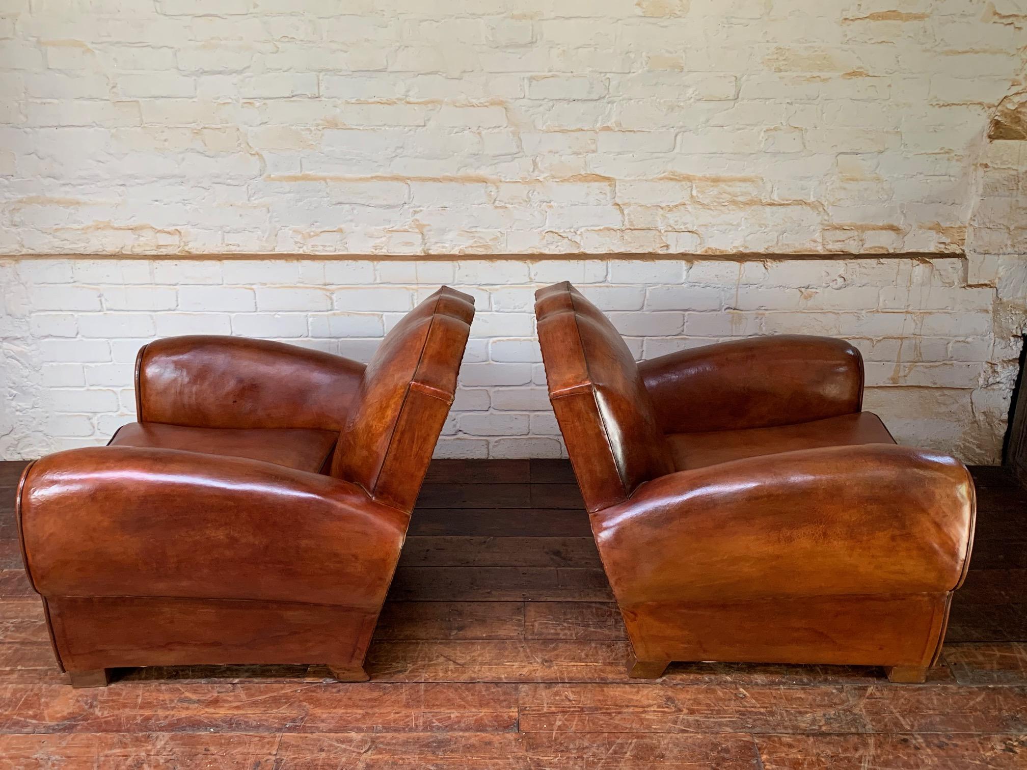 A Stunning Pair of French Leather Club Chairs, Havana Moustache Models, C1930's In Good Condition In Hastings, GB