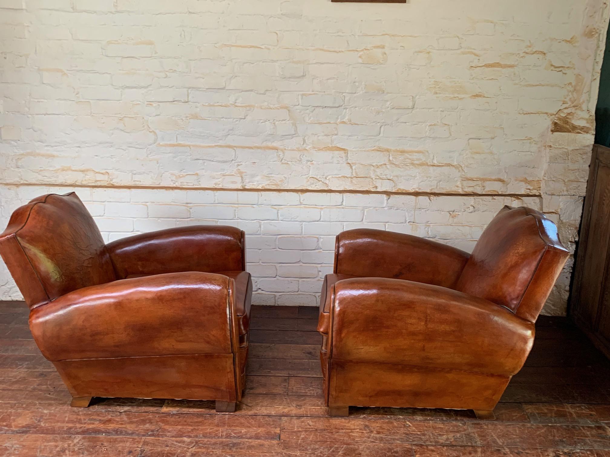 A Stunning Pair of French Leather Club Chairs, Havana Moustache Models, C1930's 2
