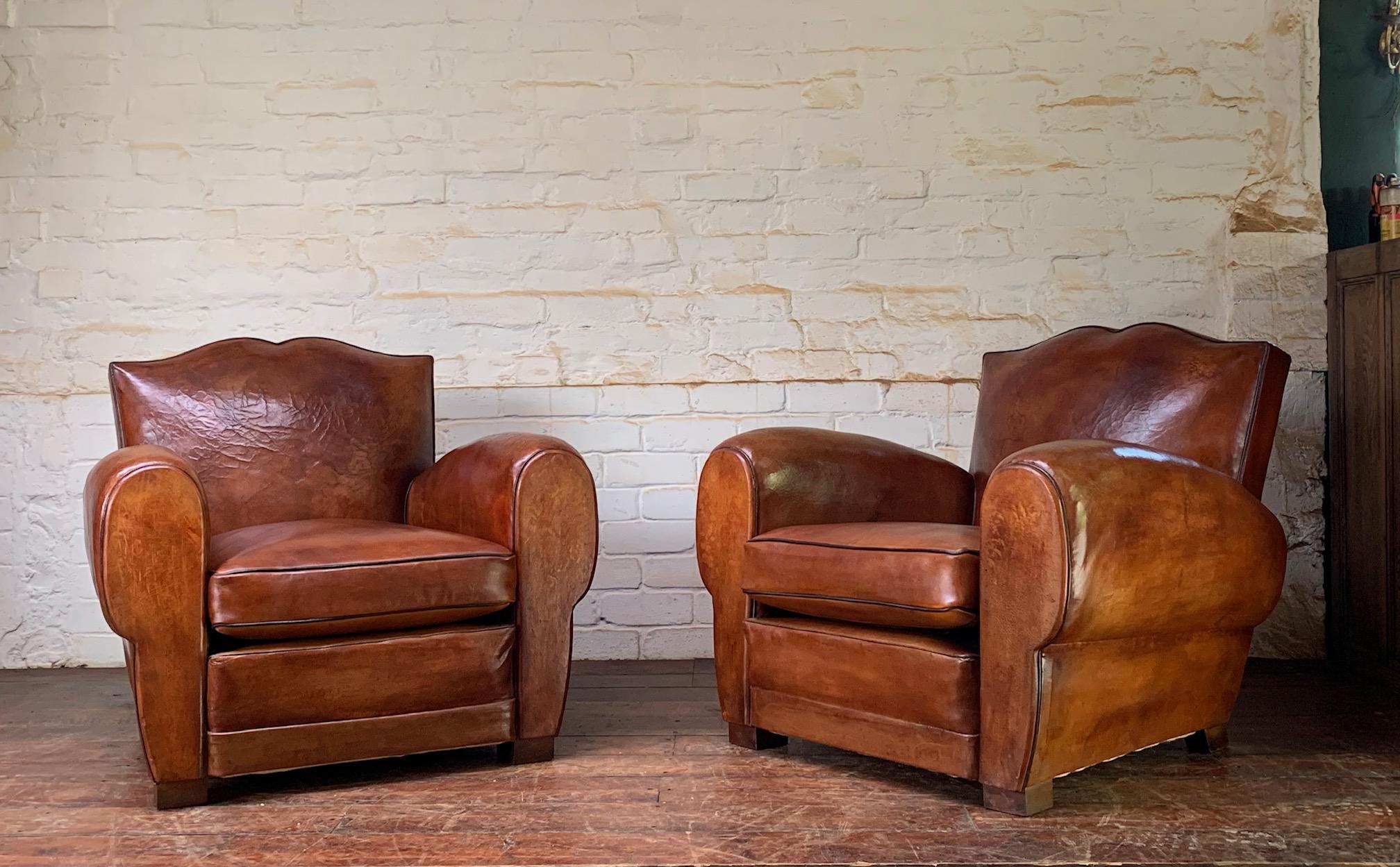 A Stunning Pair of French Leather Club Chairs, Havana Moustache Models, C1930's 4