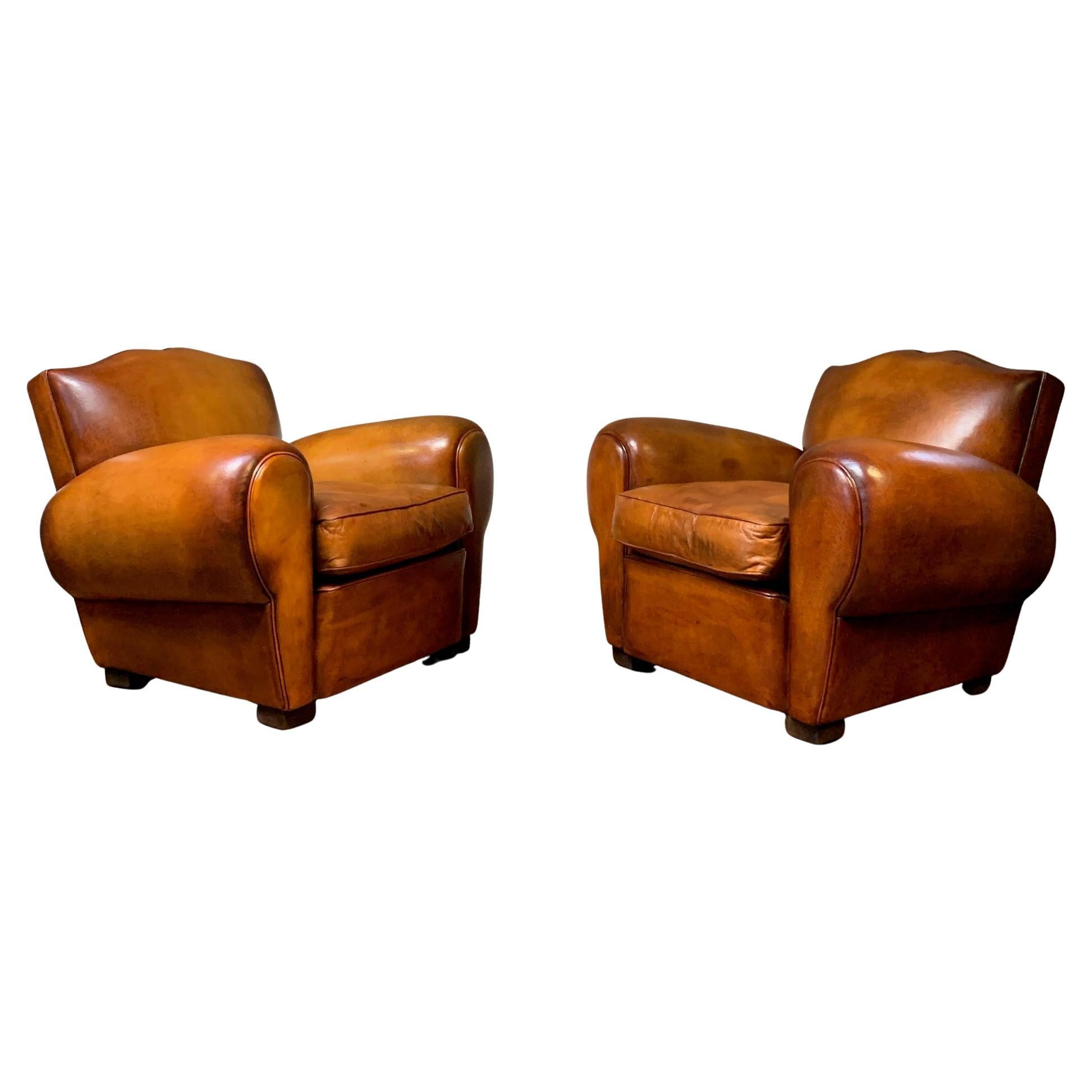A Stunning Pair of French Leather Club Chairs Havana Moustache Models C1950