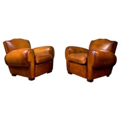 A Stunning Pair of French Leather Club Chairs Havana Moustache Models C1950