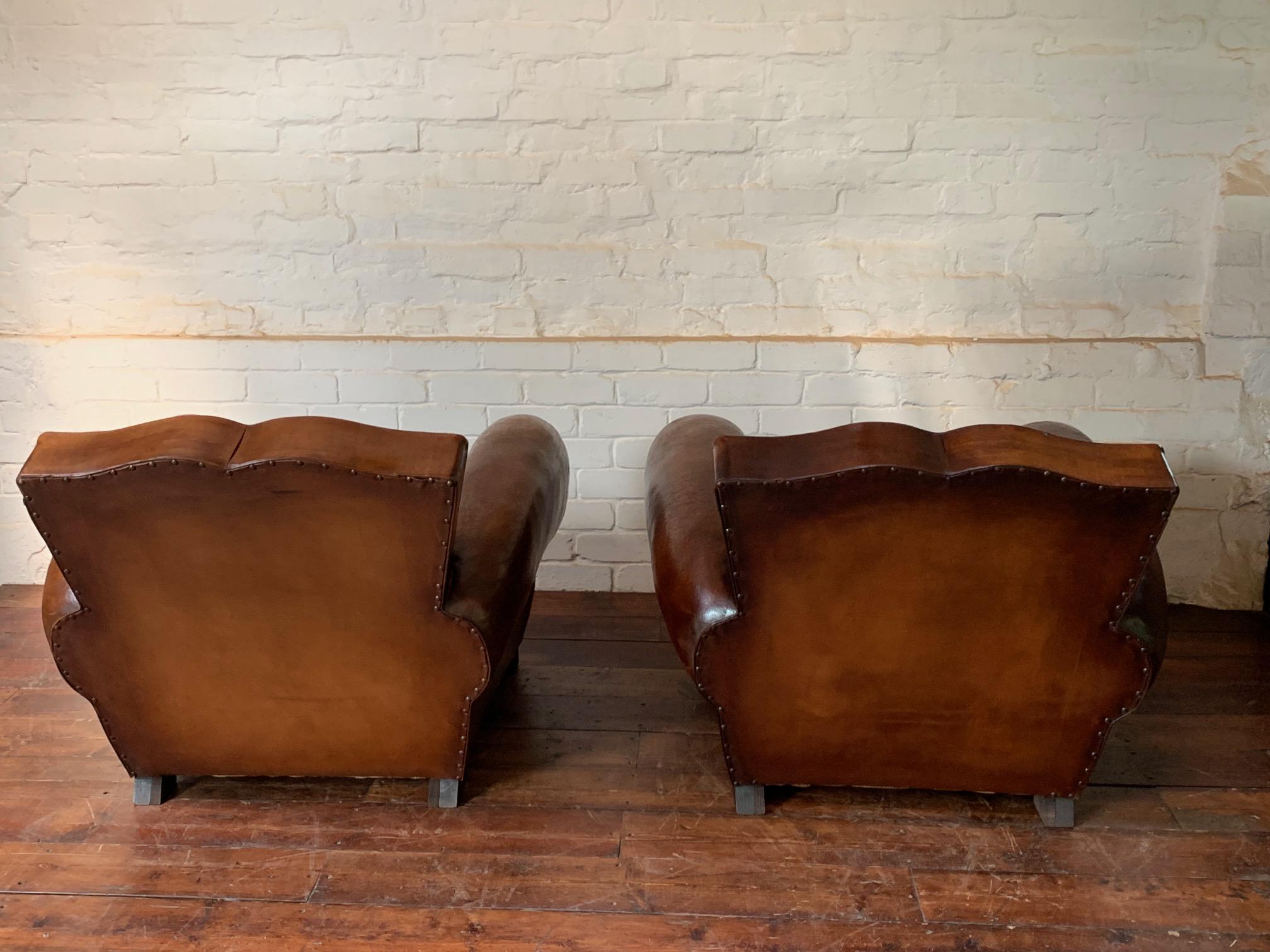 A Stunning Pair of French Leather Club Chairs, Havana Moustache Models, C1950's 5
