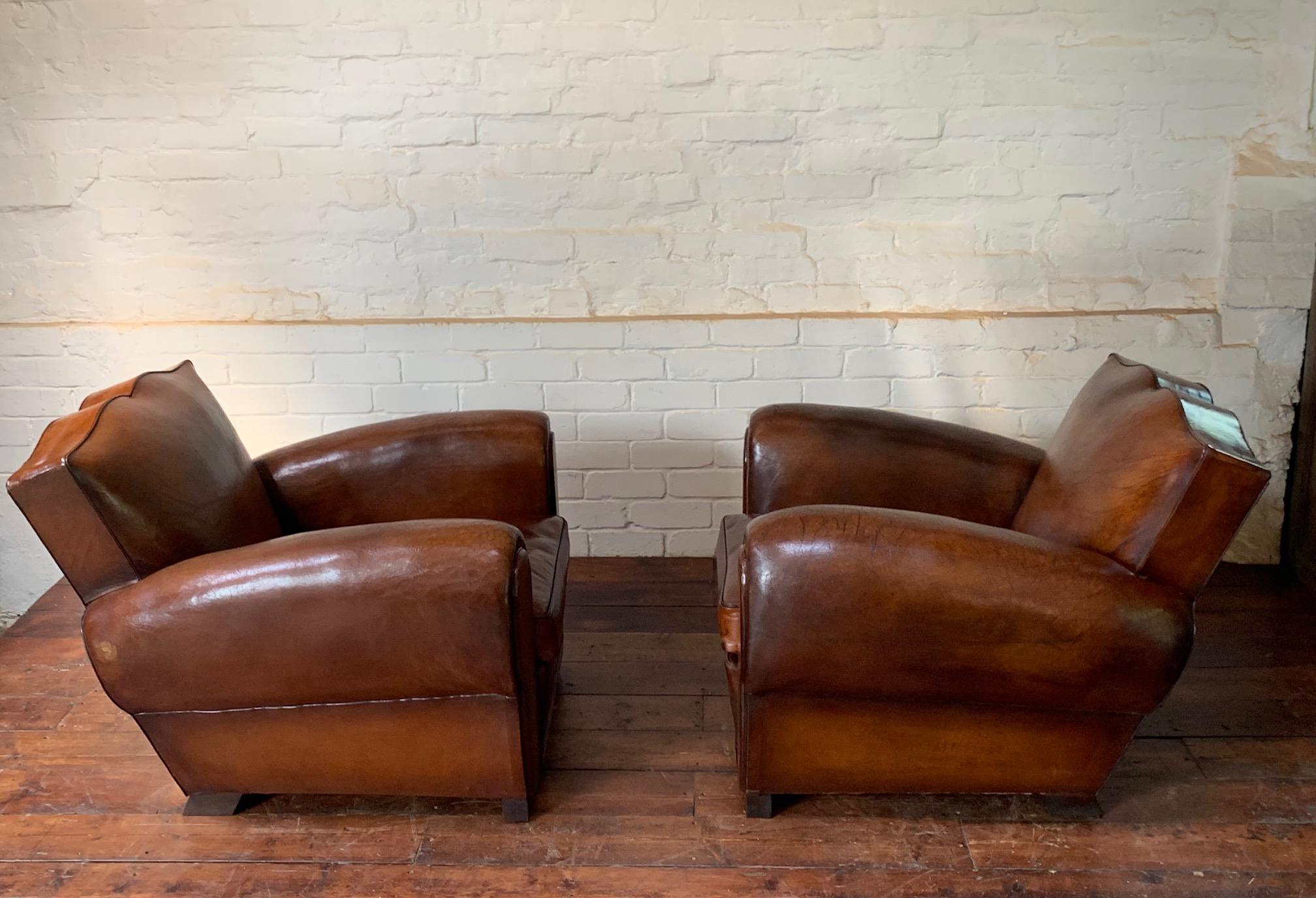 Art Deco A Stunning Pair of French Leather Club Chairs, Havana Moustache Models, C1950's