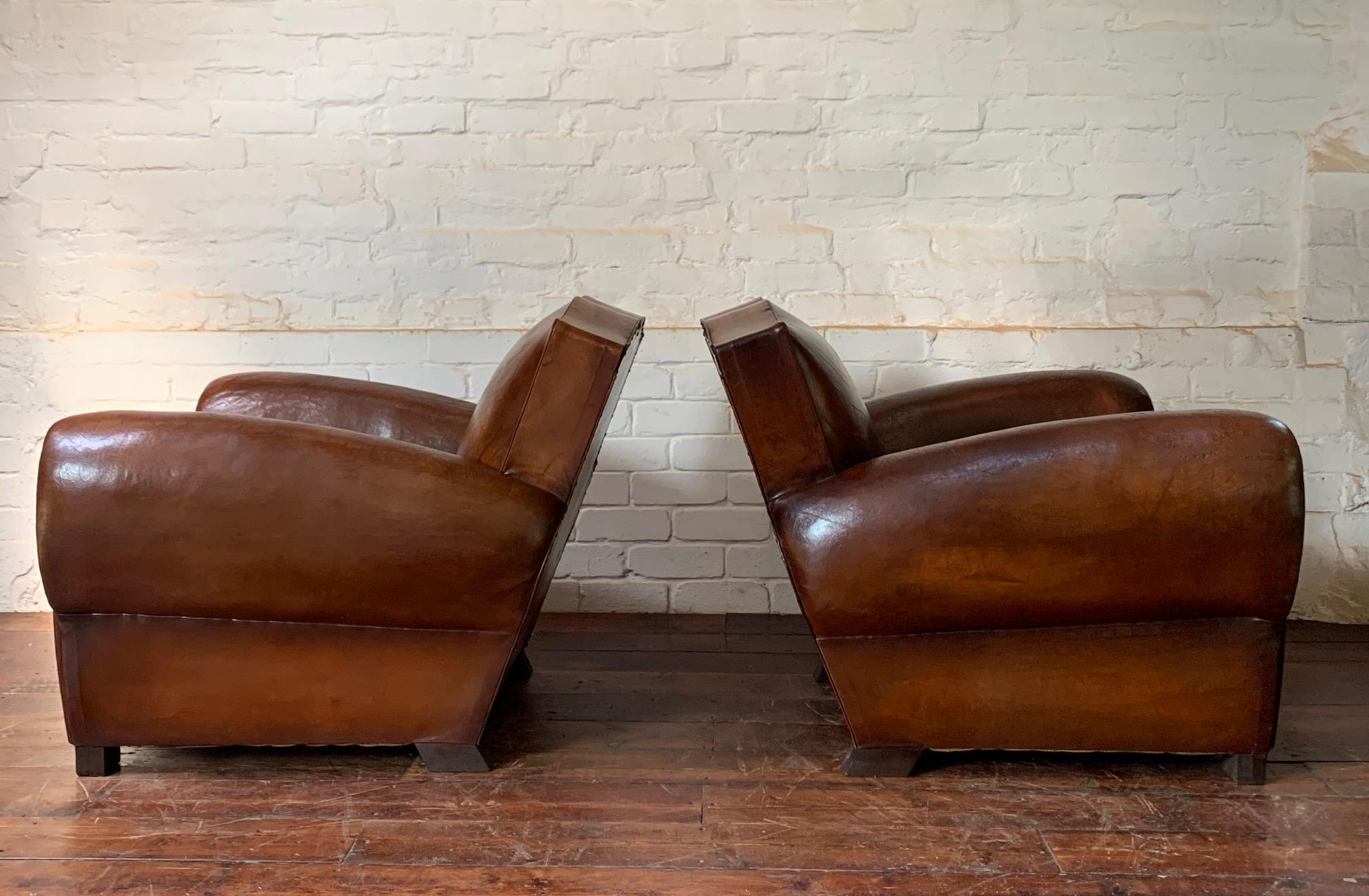 A Stunning Pair of French Leather Club Chairs, Havana Moustache Models, C1950's In Good Condition In Hastings, GB