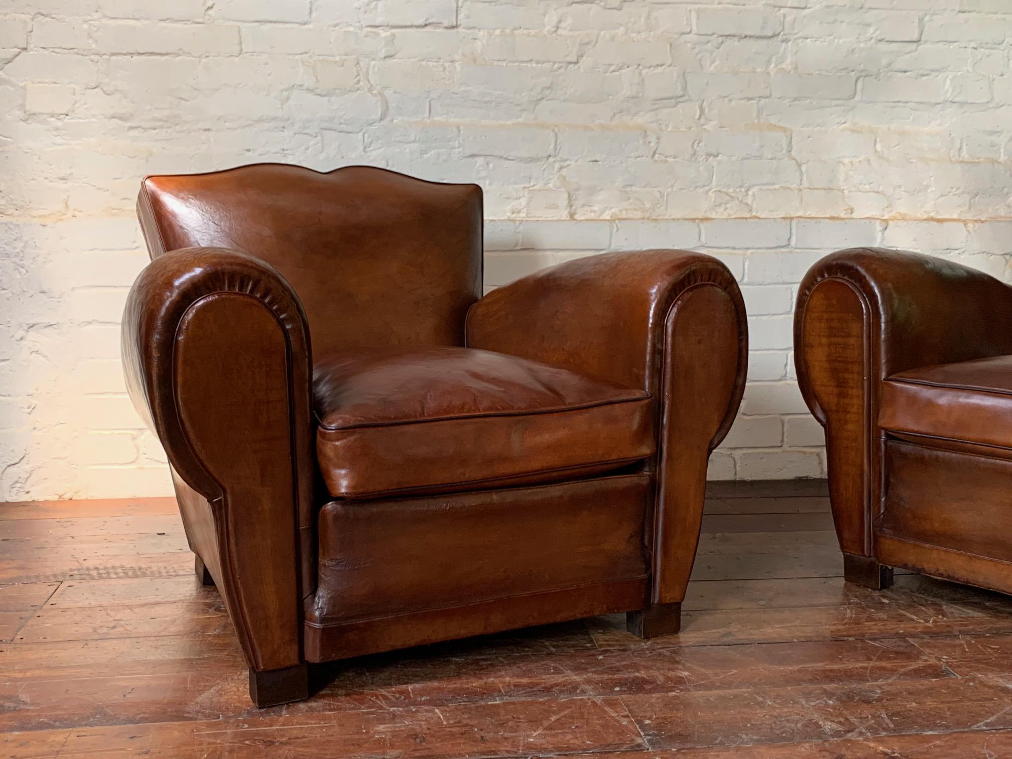 A Stunning Pair of French Leather Club Chairs, Havana Moustache Models, C1950's 1