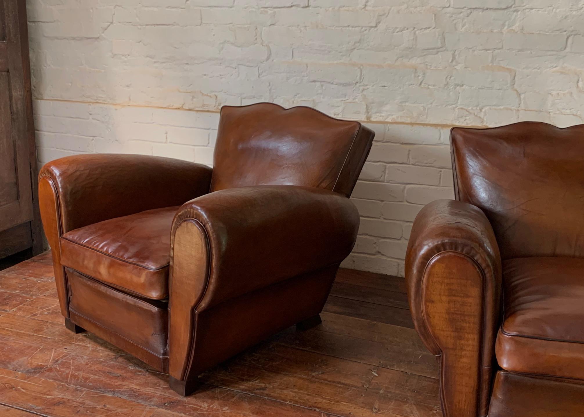 A Stunning Pair of French Leather Club Chairs, Havana Moustache Models, C1950's 2
